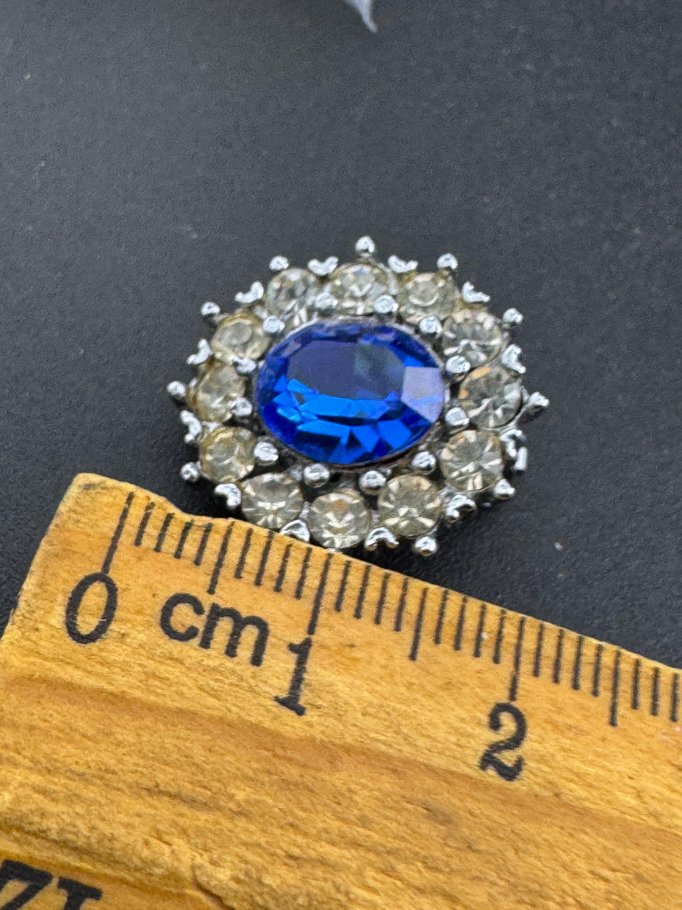 Vintage blue sapphire and clear glass diamanté clip on earrings, silver tone