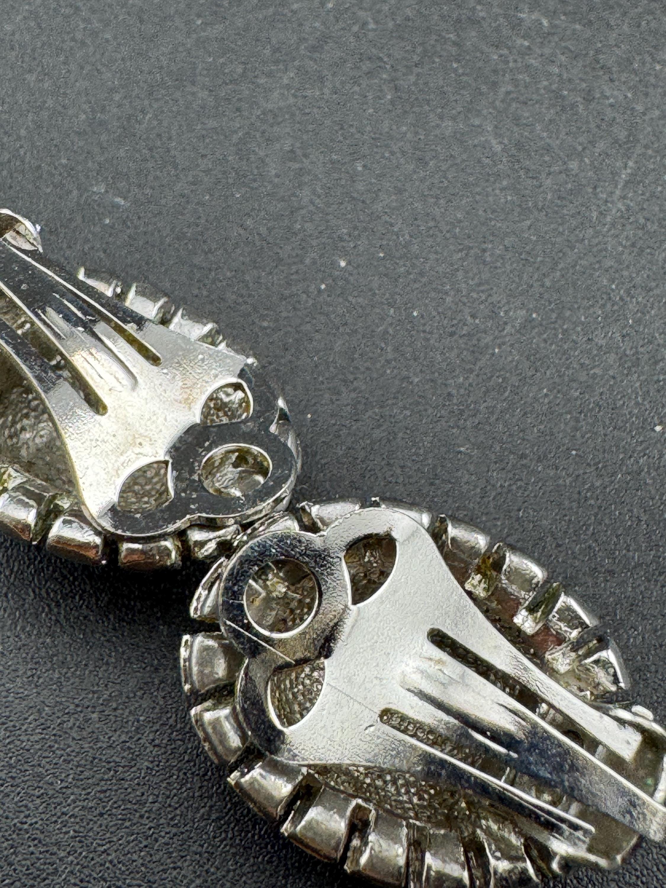 Vintage blue sapphire and clear glass diamanté oval clip on earrings, silver tone