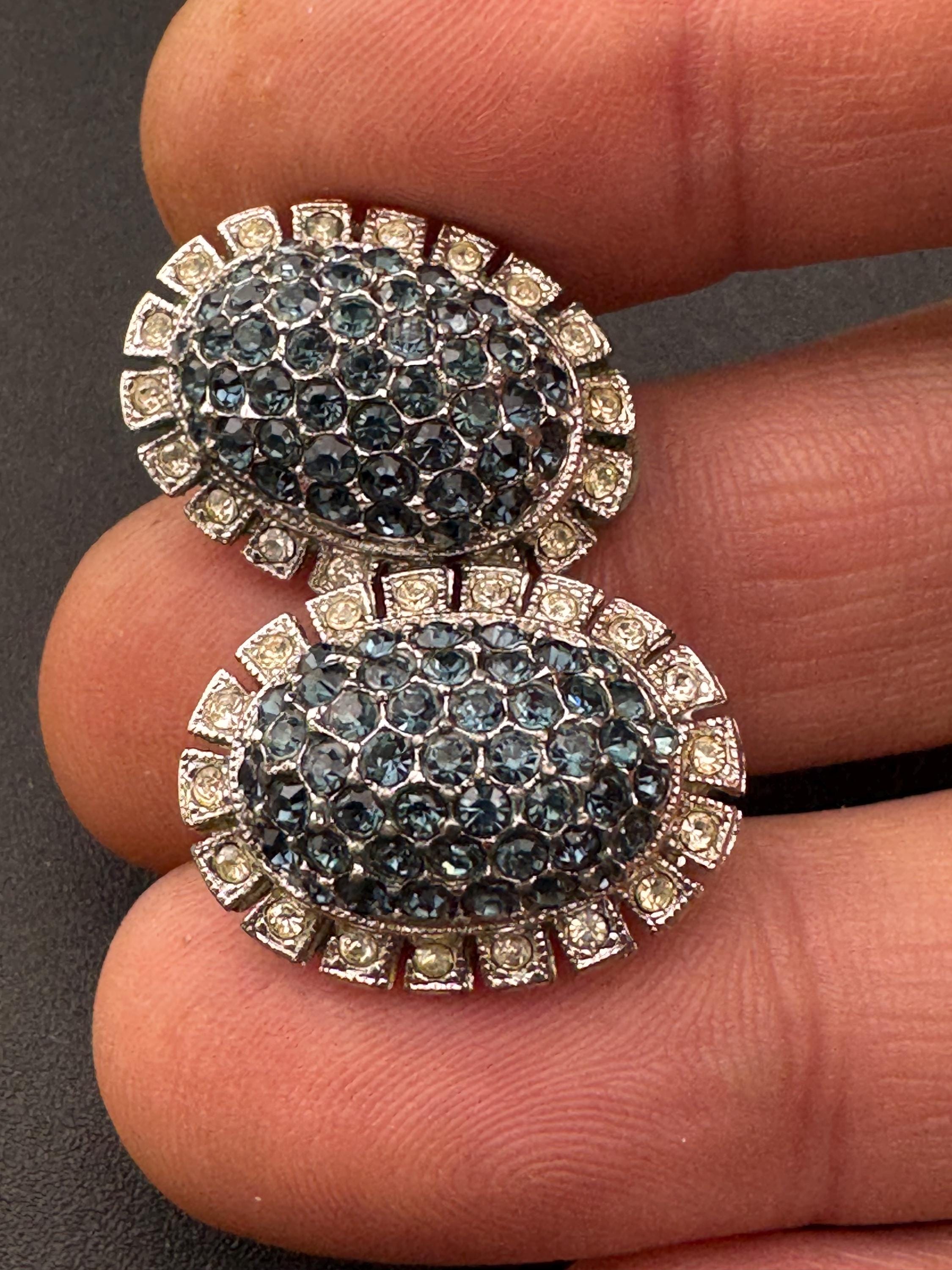 Vintage blue sapphire and clear glass diamanté oval clip on earrings, silver tone