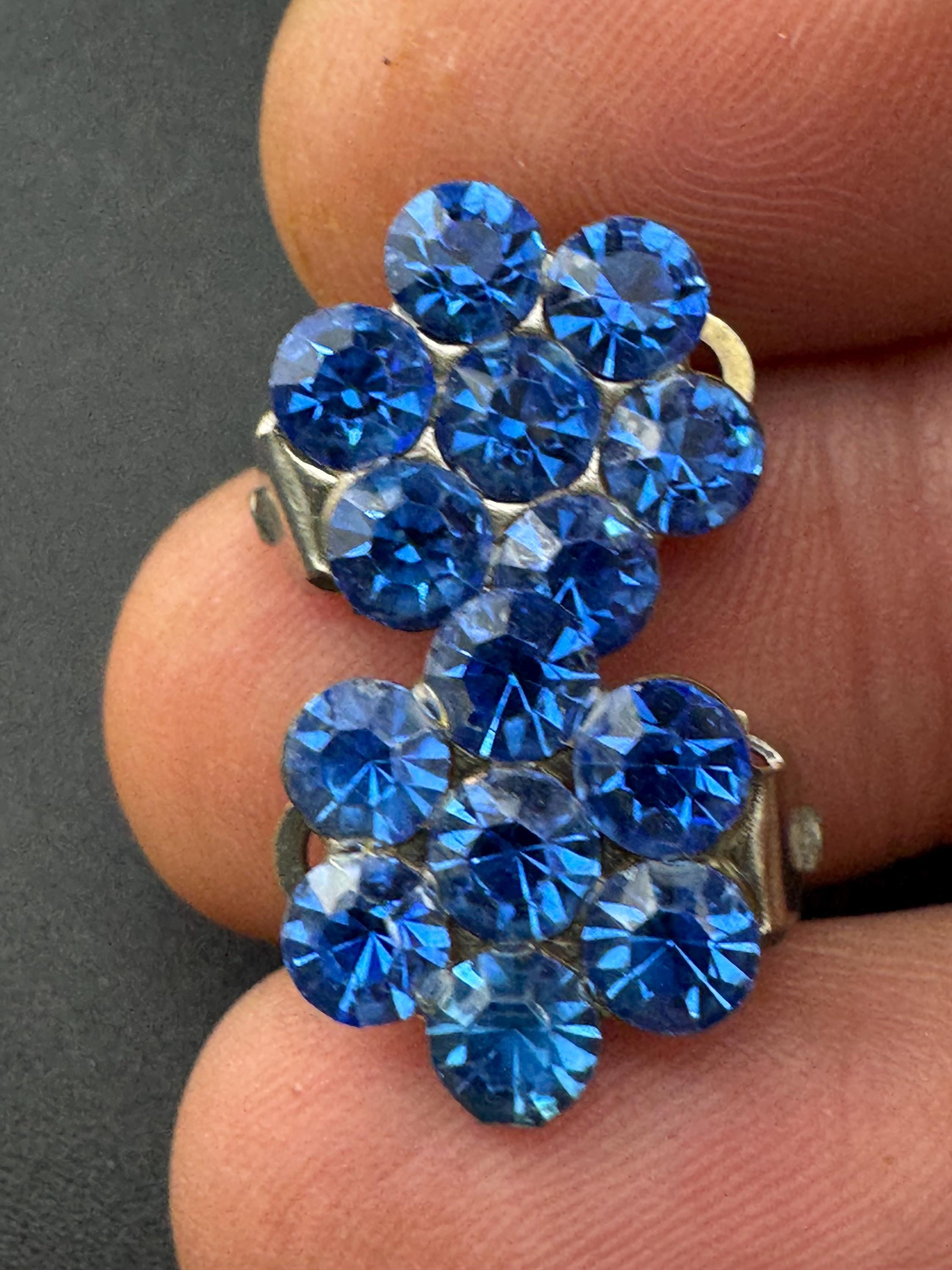 Dainty Vintage blue sapphire diamanté clip on earrings, silver tone