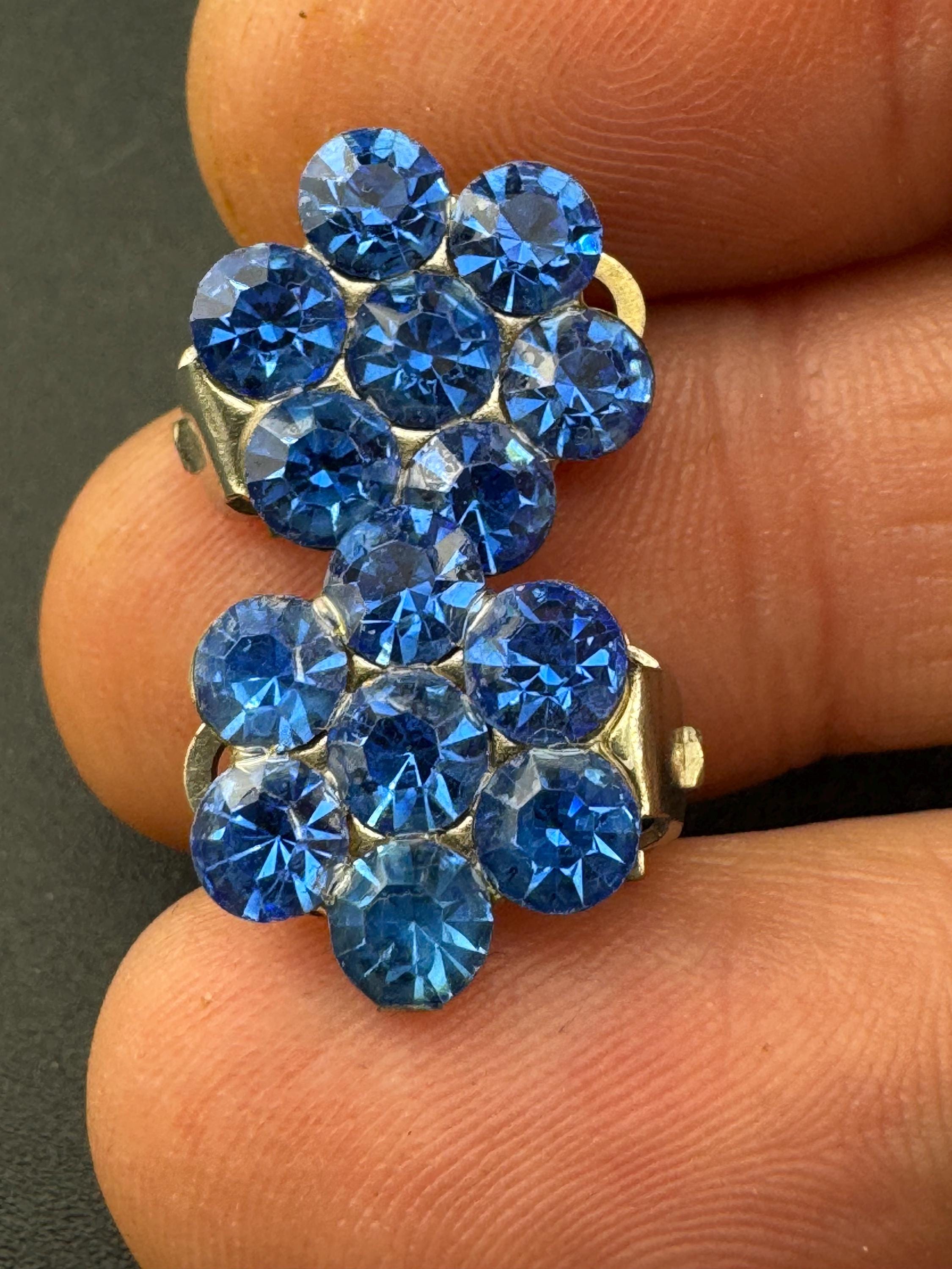 Dainty Vintage blue sapphire diamanté clip on earrings, silver tone