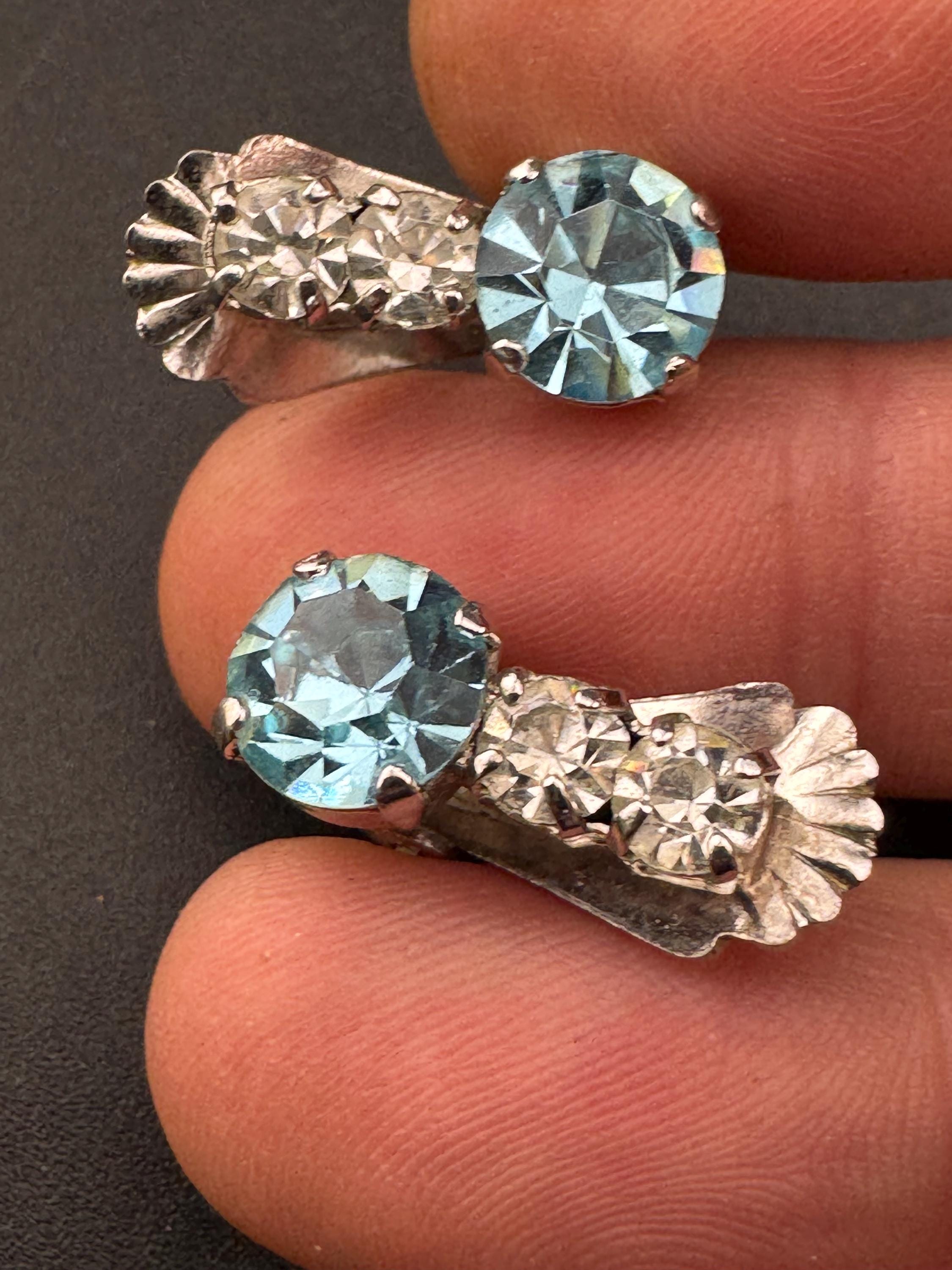 Vintage light blue sapphire and clear glass diamanté clip on earrings, silver tone