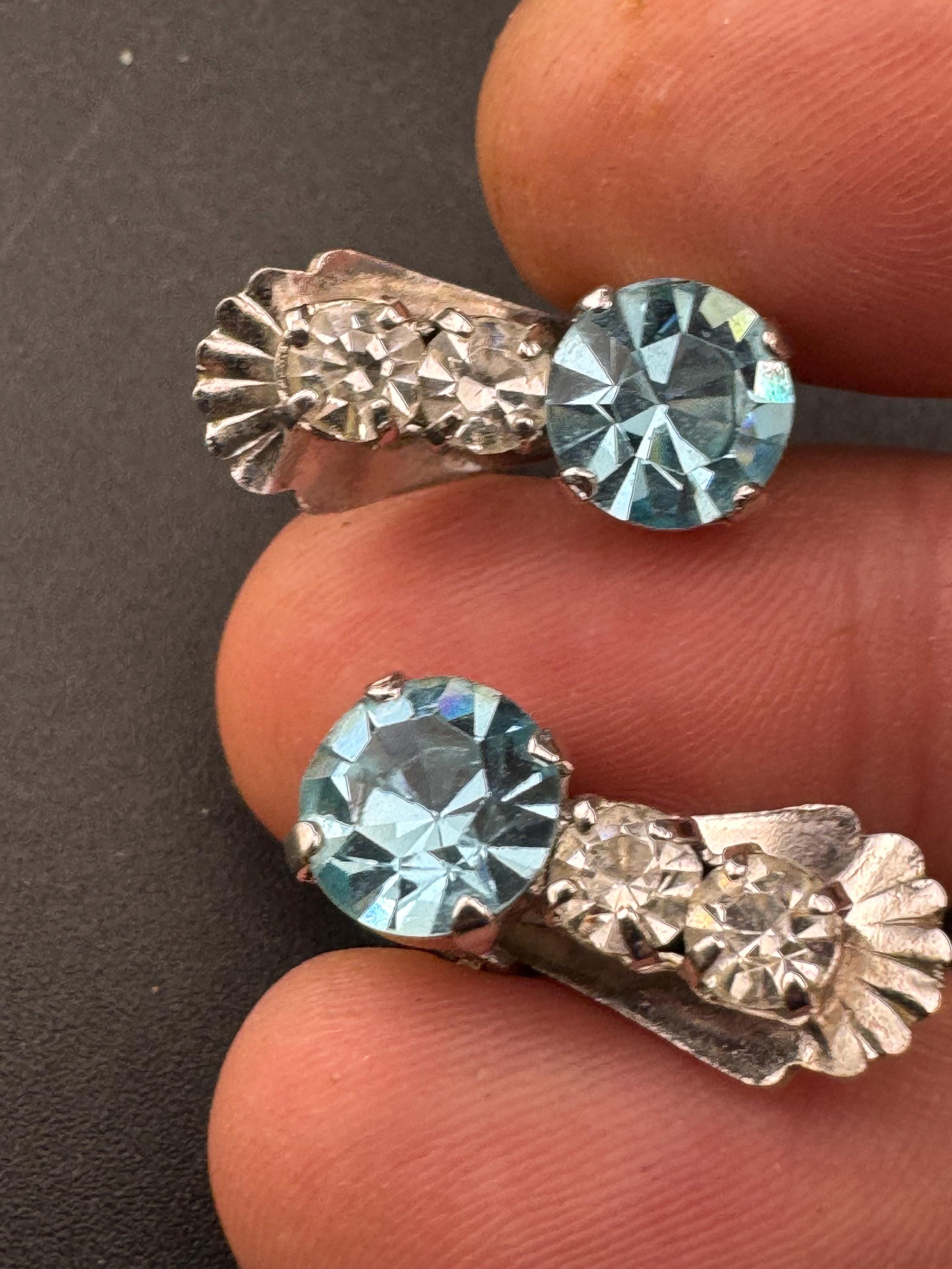 Vintage light blue sapphire and clear glass diamanté clip on earrings, silver tone