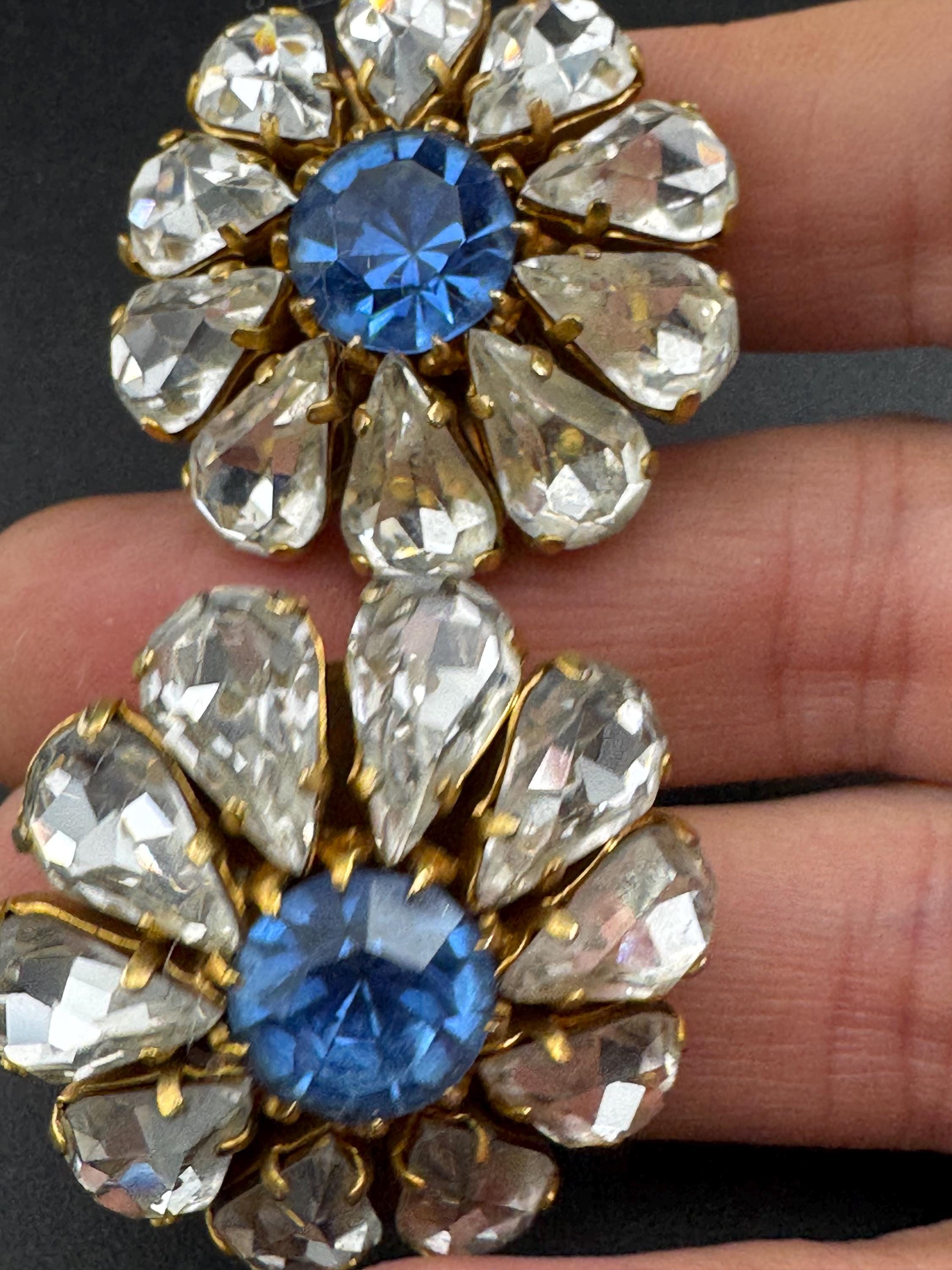 Vintage blue sapphire and clear glass diamanté clip on earrings, 1950s oversized