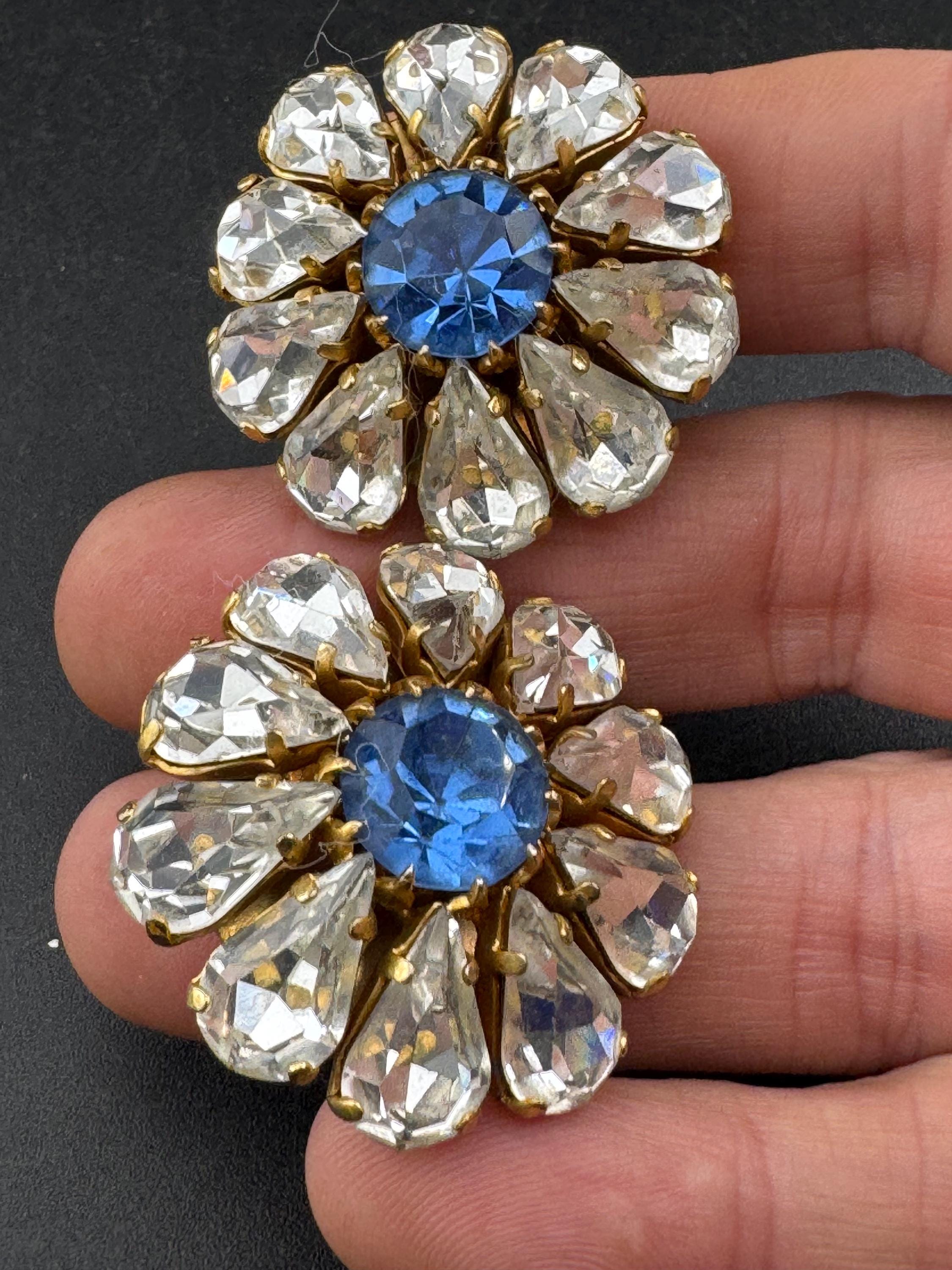 Vintage blue sapphire and clear glass diamanté clip on earrings, 1950s oversized