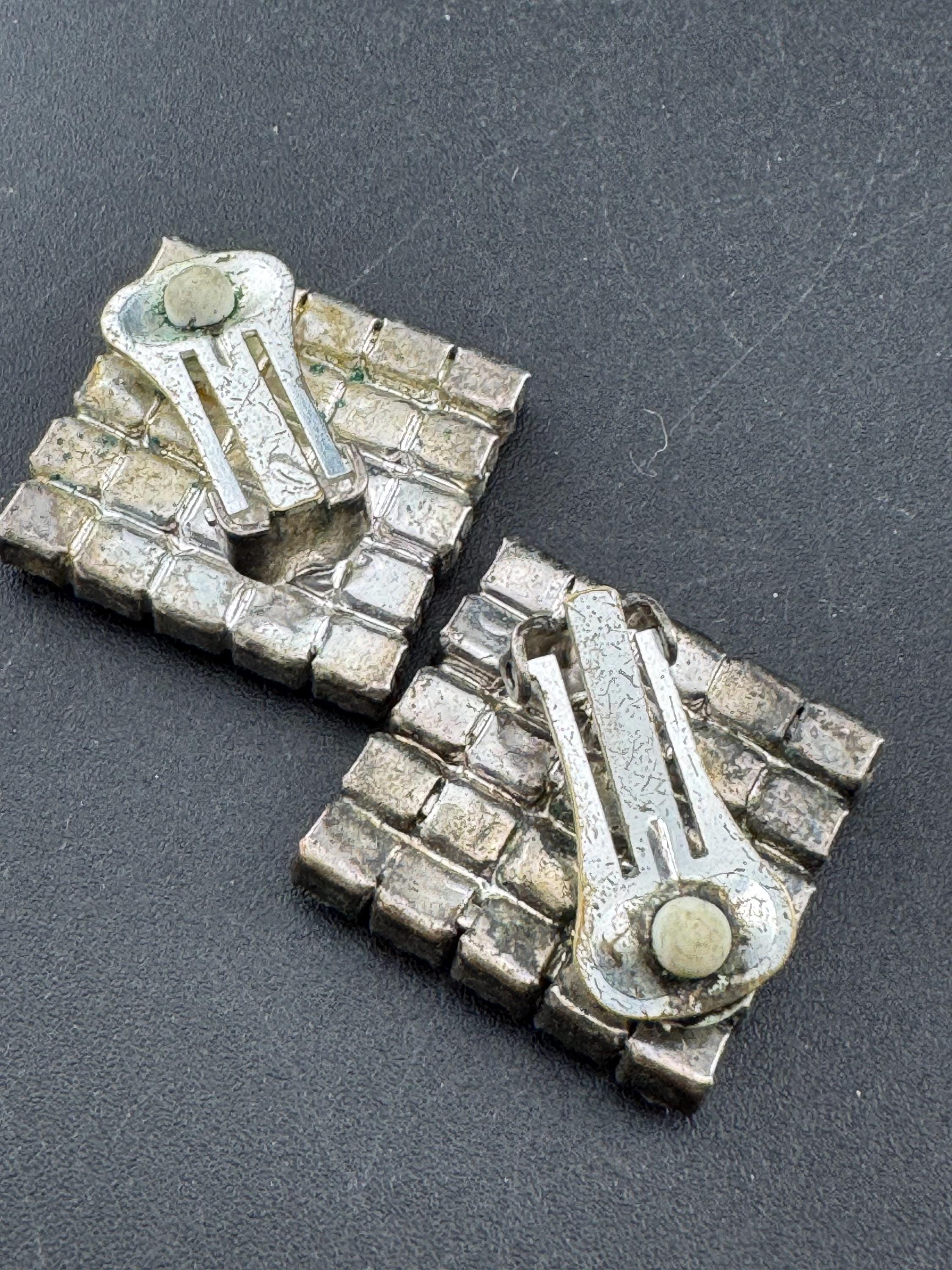 vintage square clear diamanté clip on earrings, 1980s 2cm silver tone