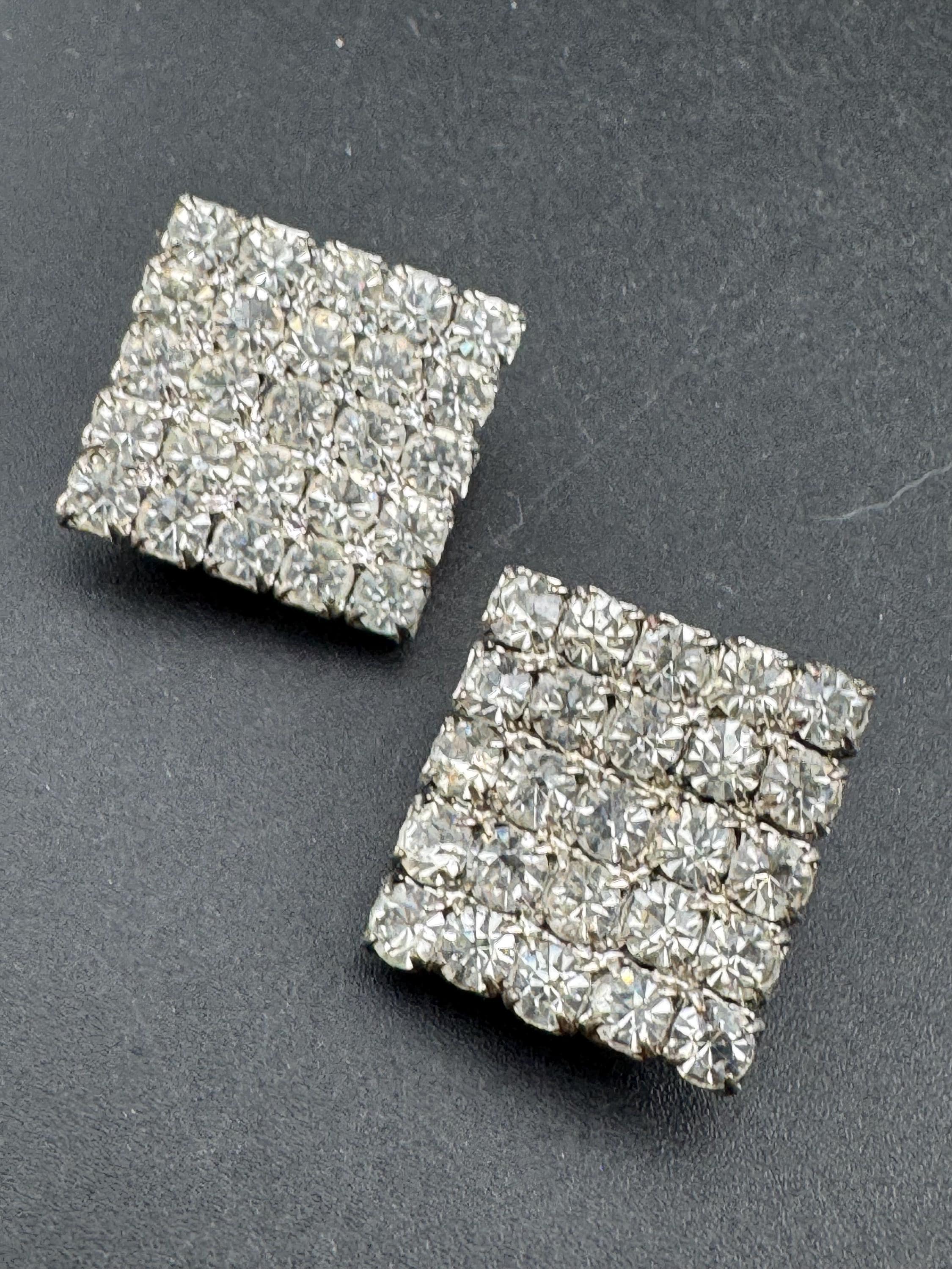 vintage square clear diamanté clip on earrings, 1980s 2cm silver tone