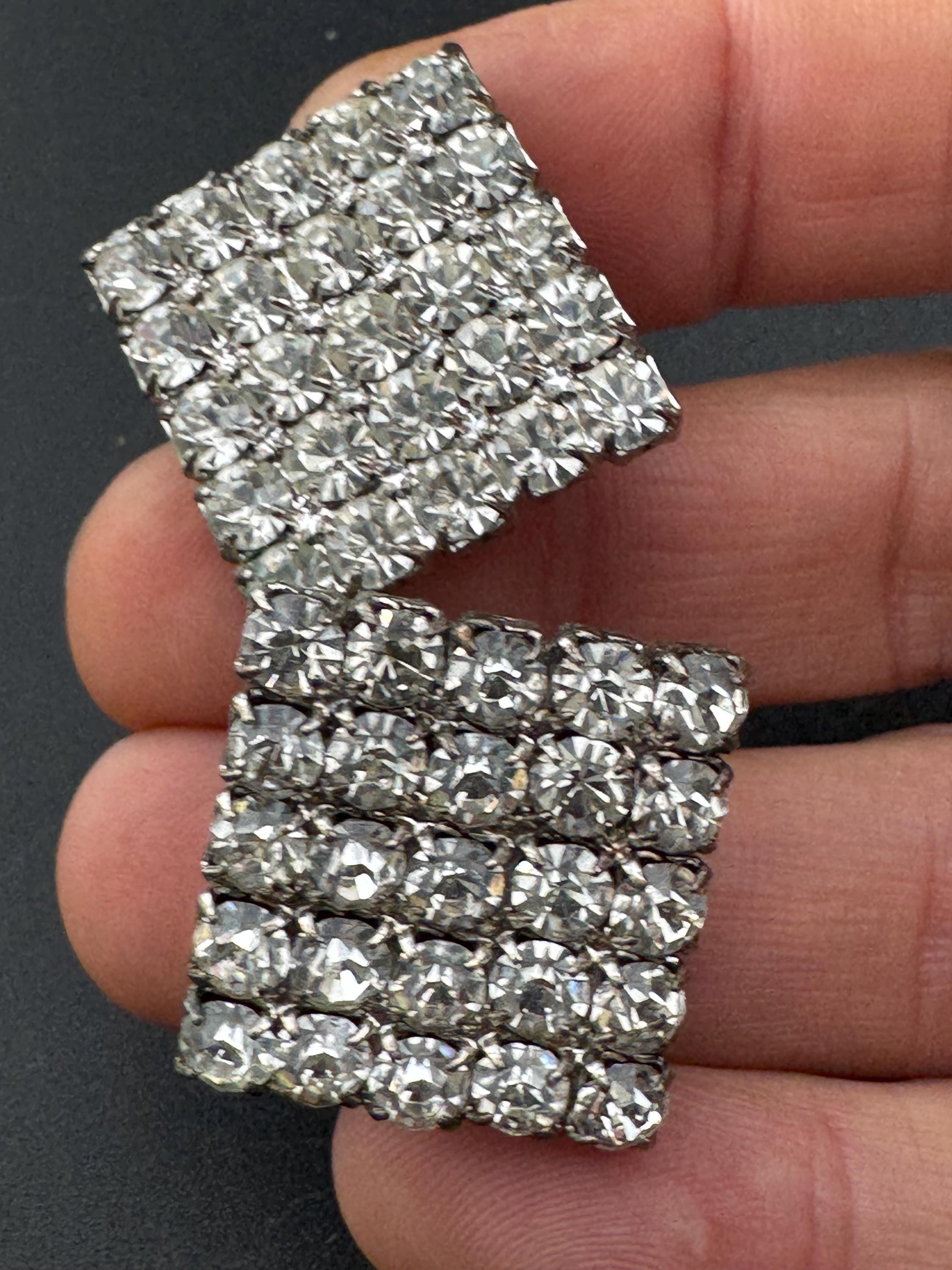 vintage square clear diamanté clip on earrings, 1980s 2cm silver tone
