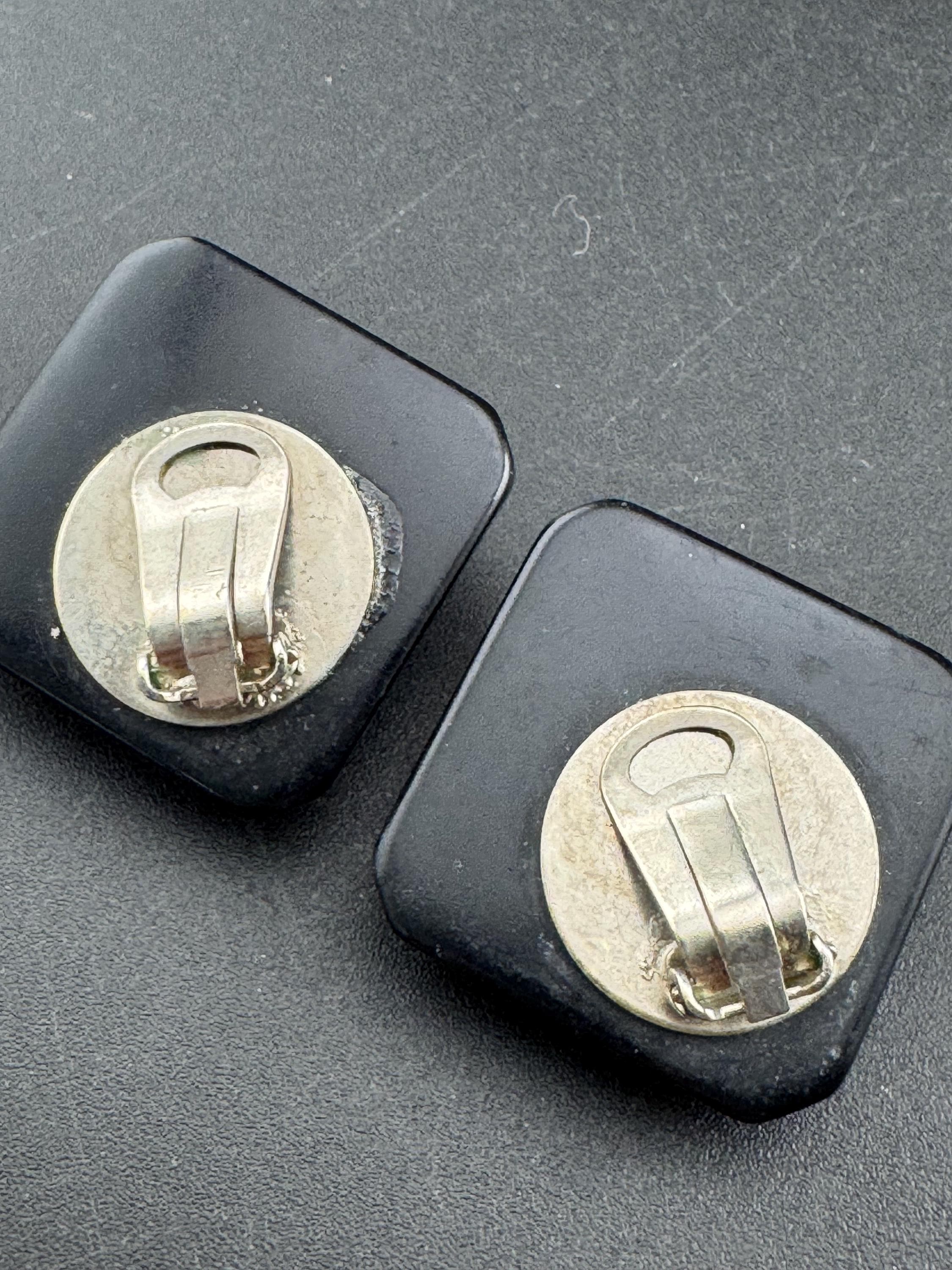 vintage square black acrylic Rivoli crystal diamanté clip on earrings, clear rhinestones