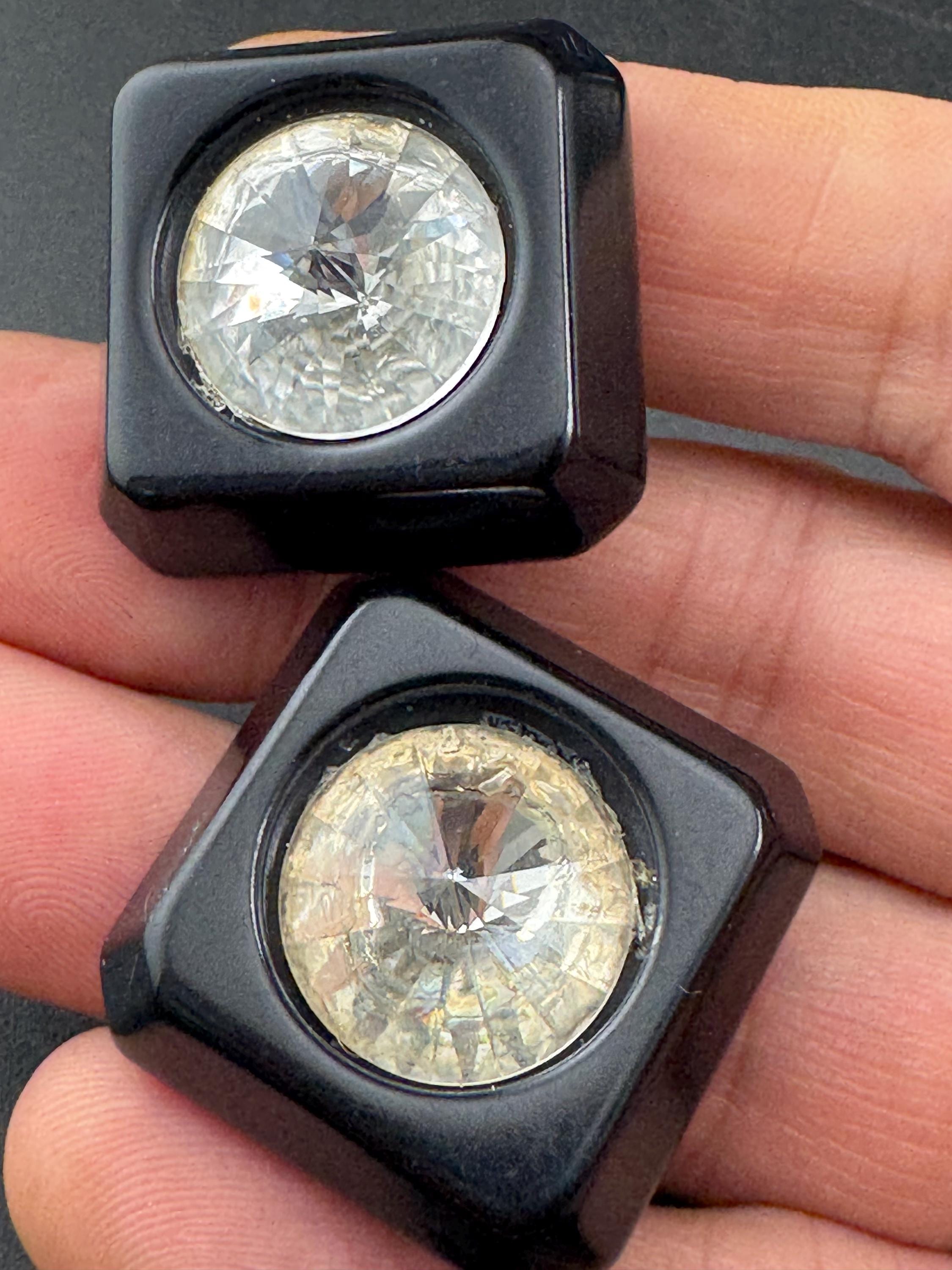 vintage square black acrylic Rivoli crystal diamanté clip on earrings, clear rhinestones