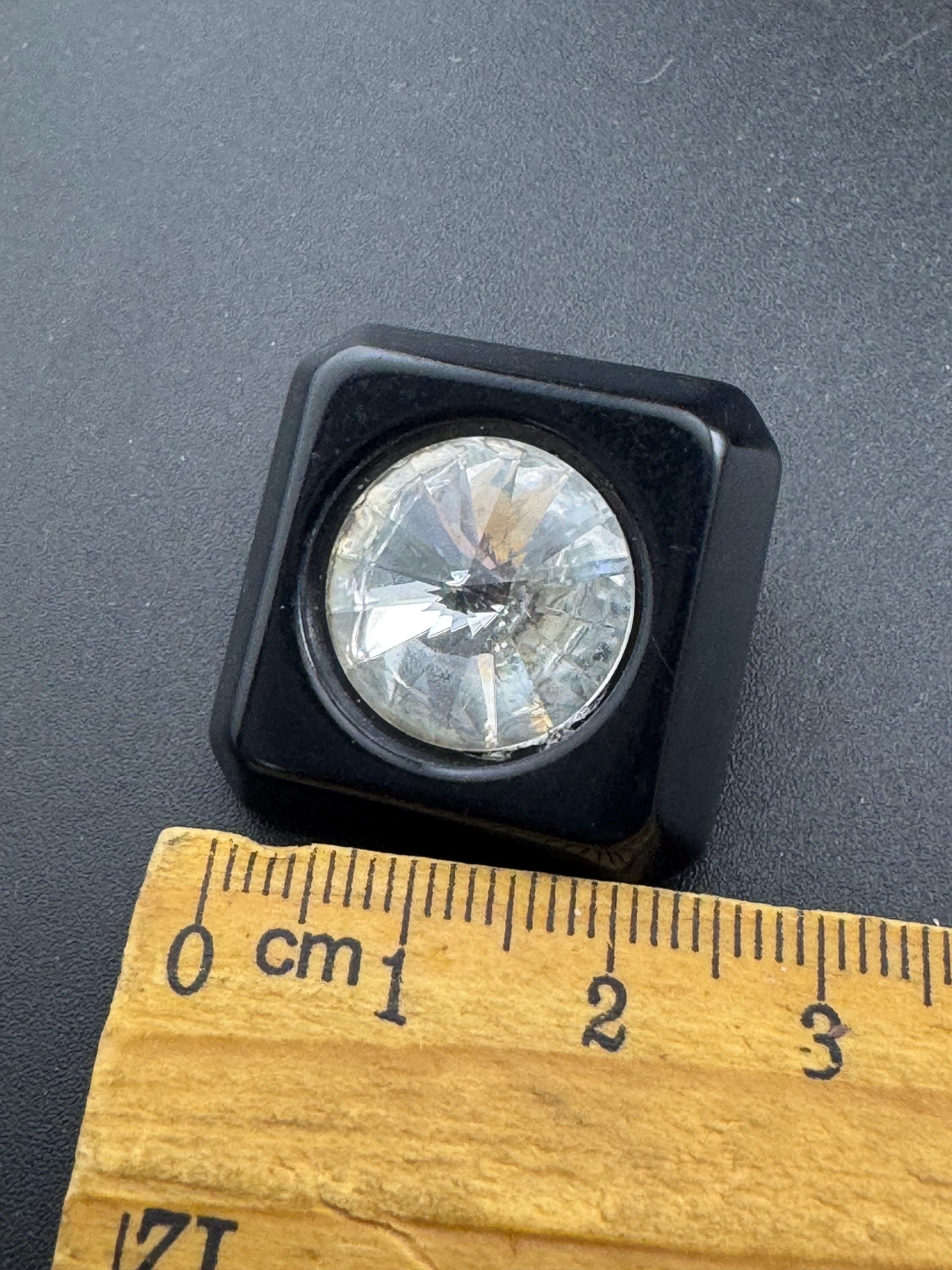 vintage square black acrylic Rivoli crystal diamanté clip on earrings, clear rhinestones