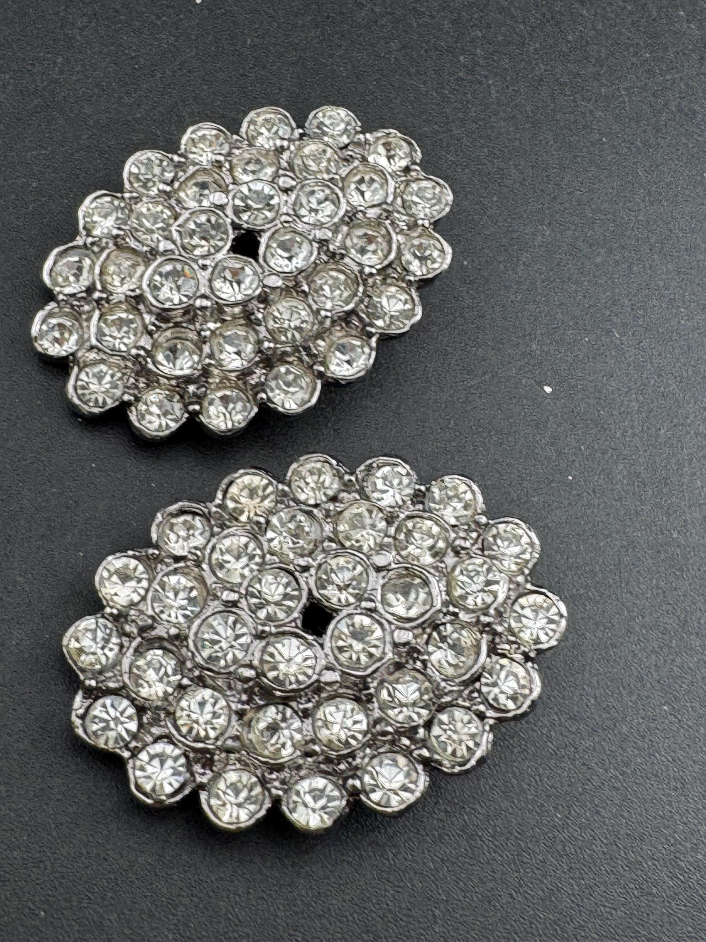 vintage oversized clear diamanté oval earrings, 1980s silver tone