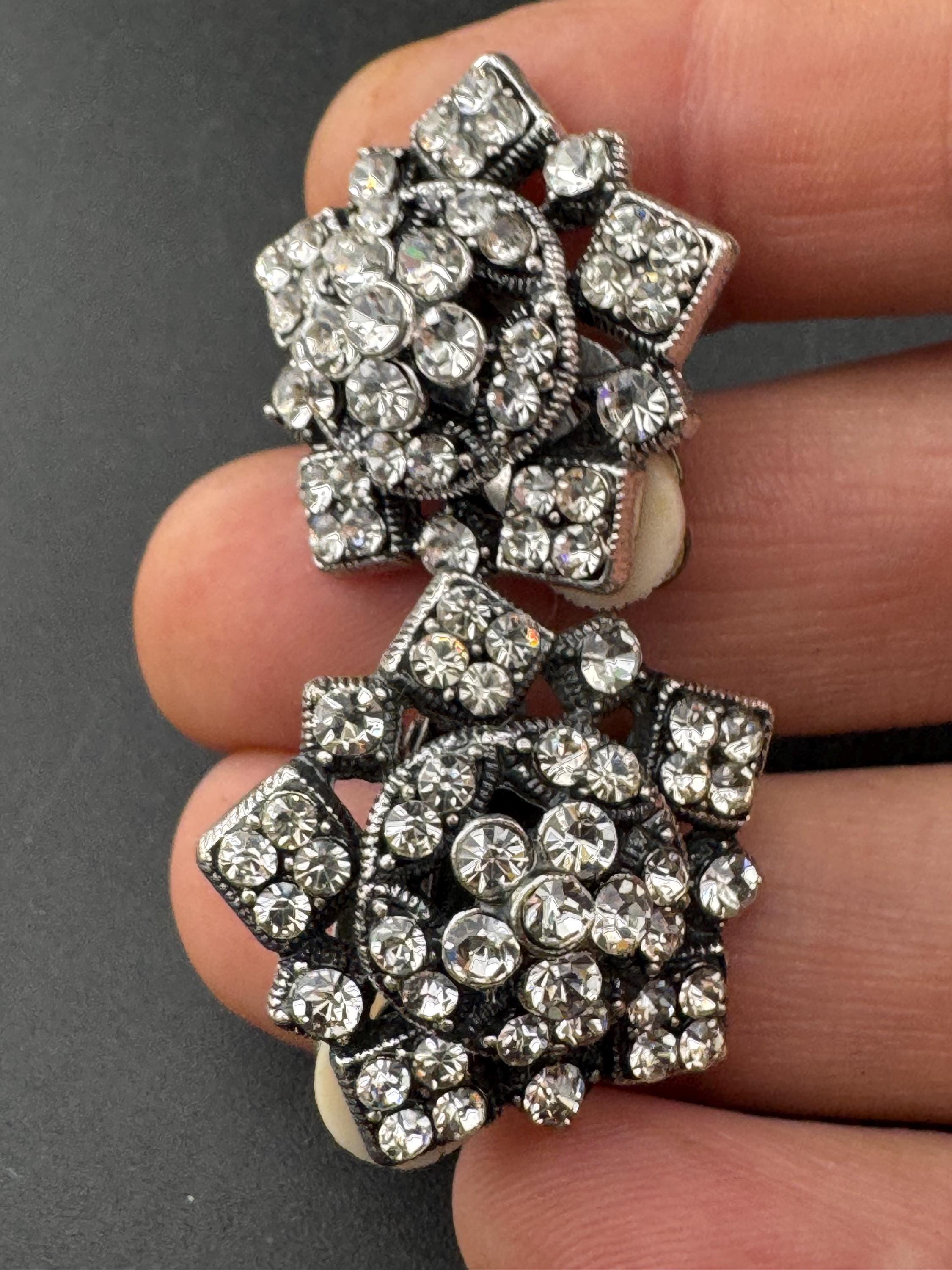 oversized vintage clear crystal Rhinestone star Clip On Earrings, dark silver tone studs