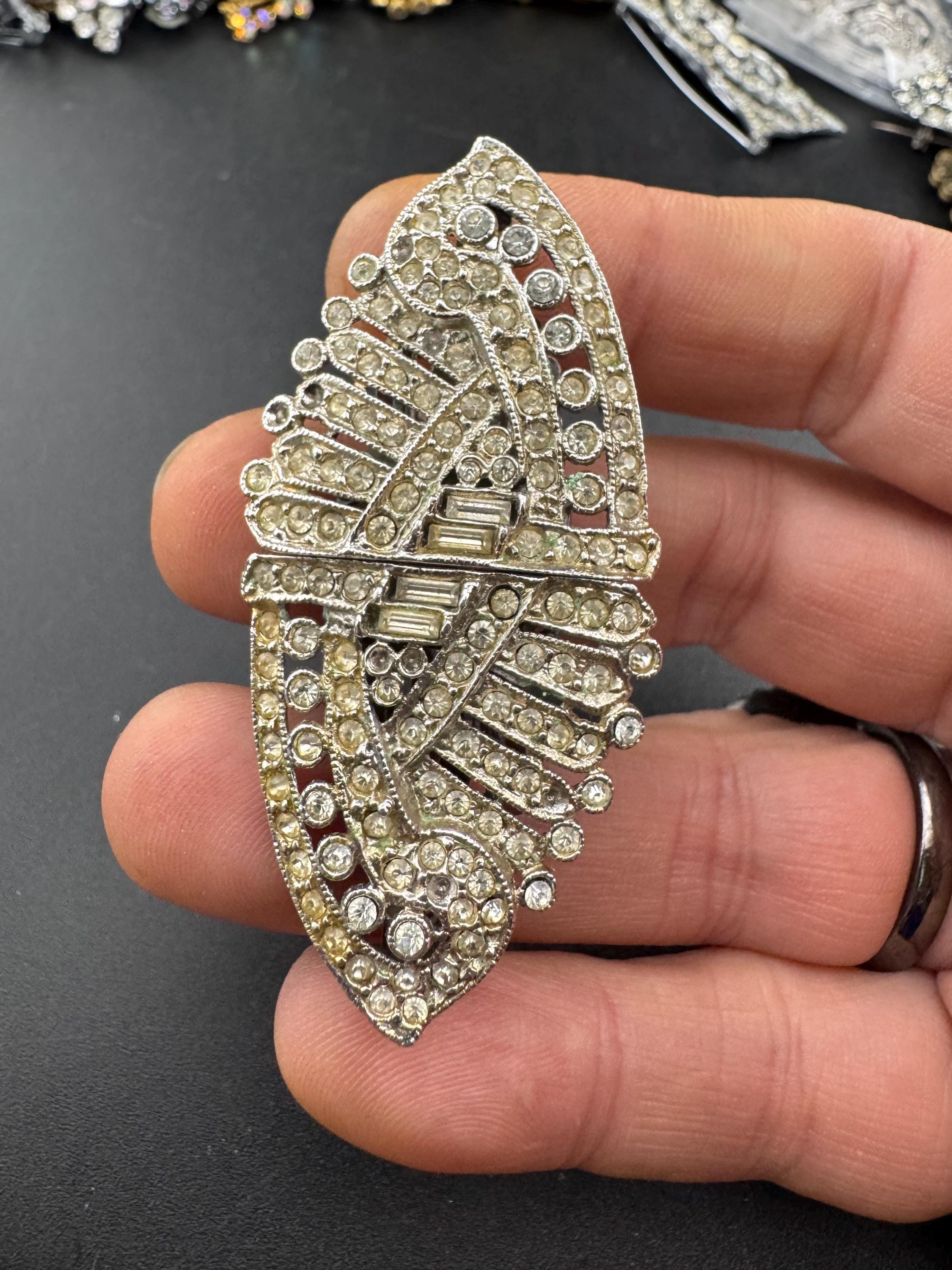 Duette pair of Dress Clips Combination Brooch Marcasite Silver chrome metal Art Deco