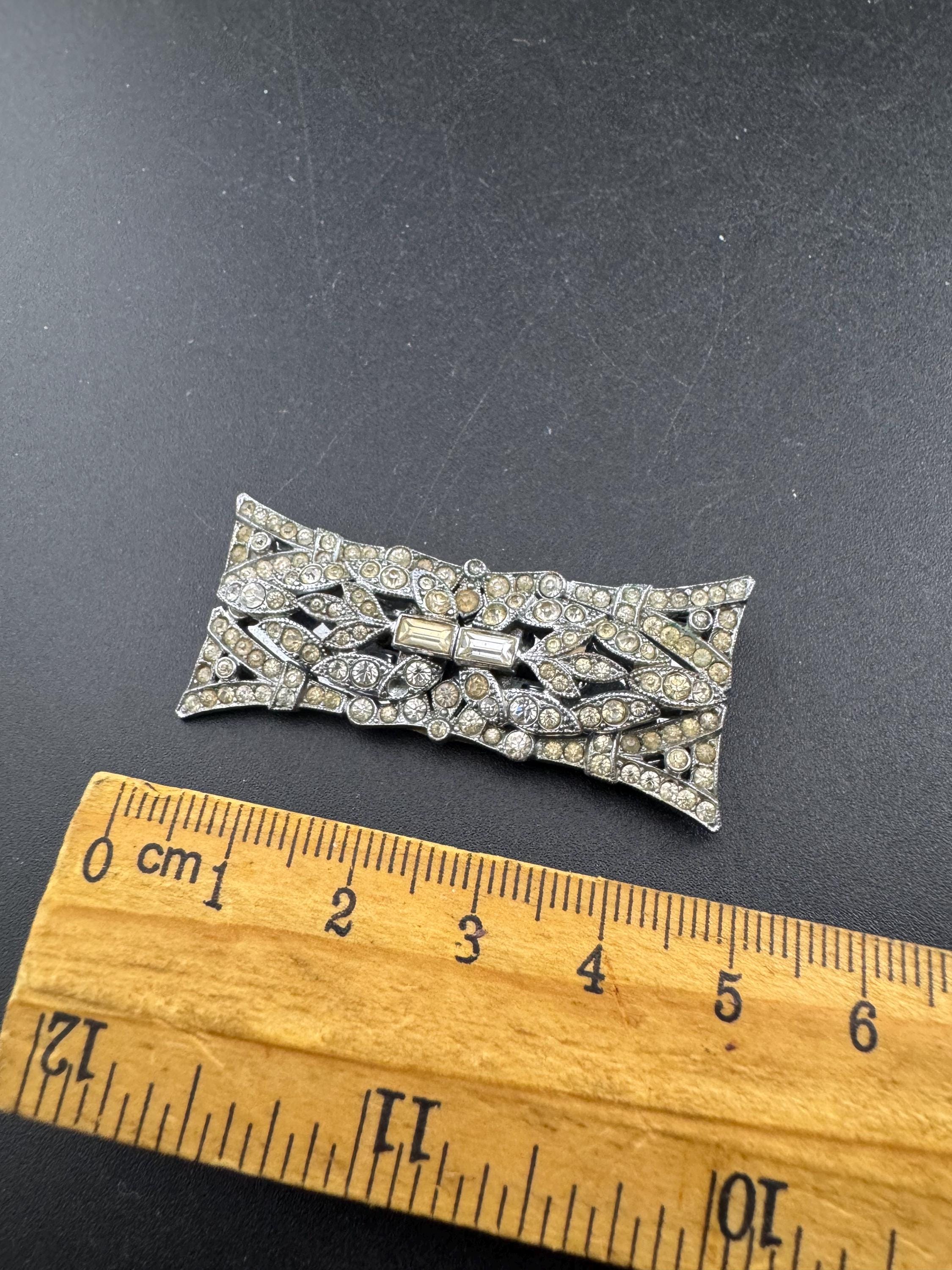 Art deco duette dress clip combination diamante brooch, silver tone geometric as found