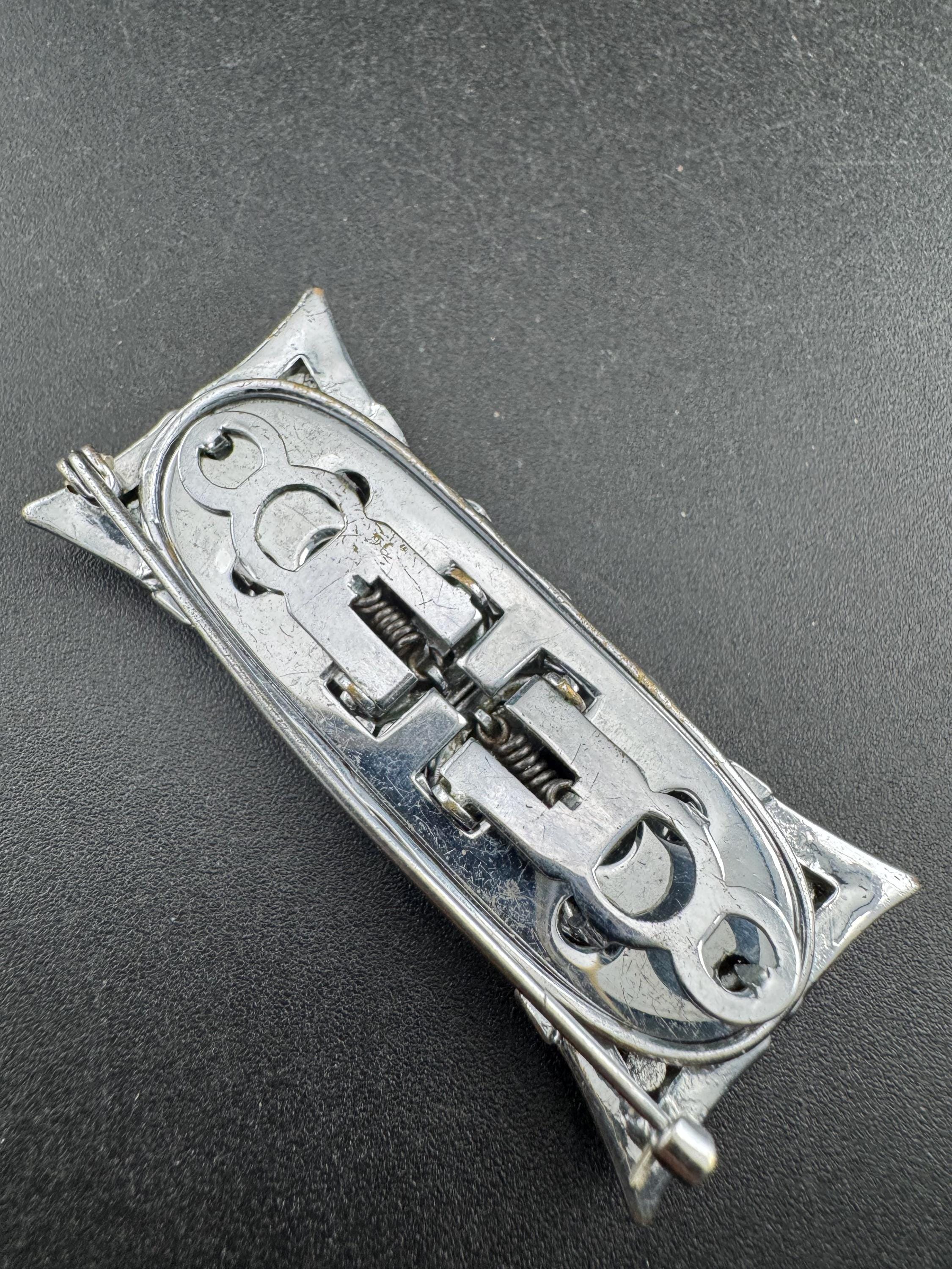 Art deco duette dress clip combination diamante brooch, silver tone geometric as found