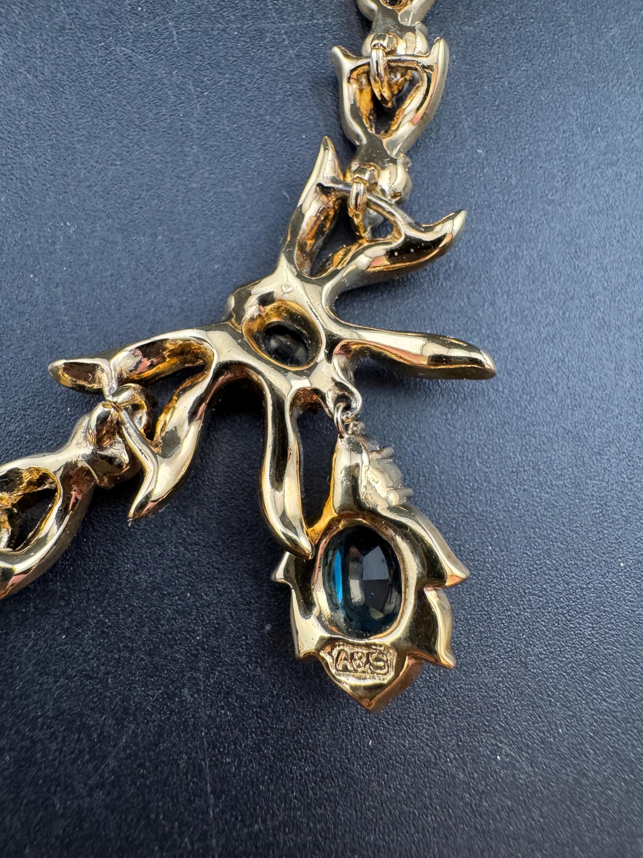 Vintage early Attwood and Sawyer sapphire Rhinestone drop Necklace, signed gold tone
