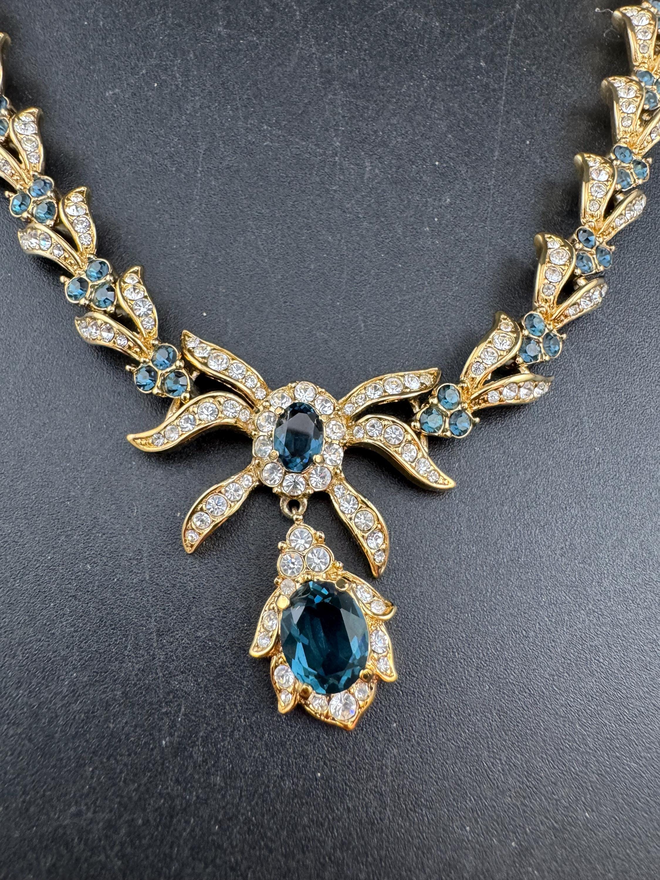Vintage early Attwood and Sawyer sapphire Rhinestone drop Necklace, signed gold tone