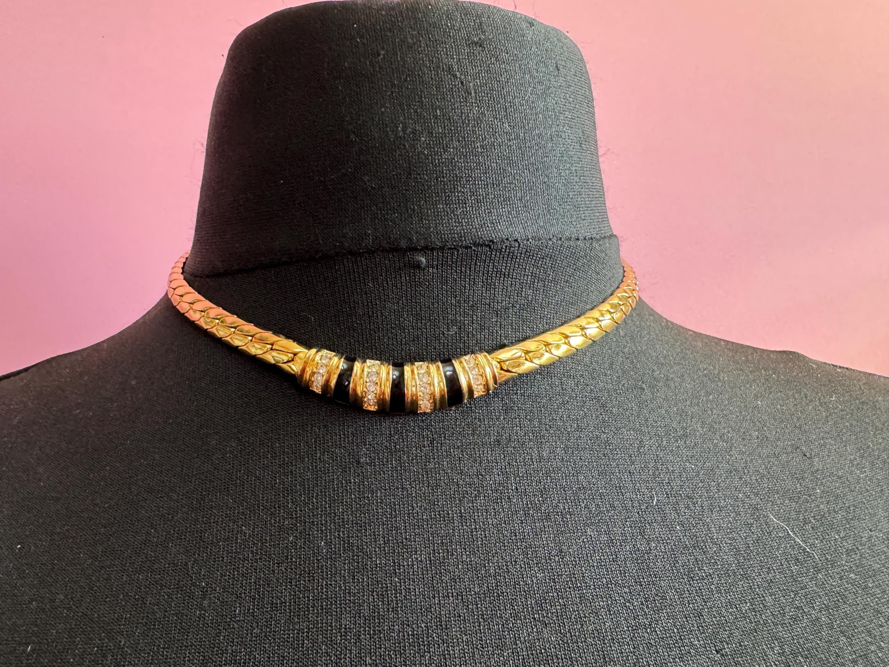 Christian Dior Germany black enamel crystal collar necklace, signed gold plated