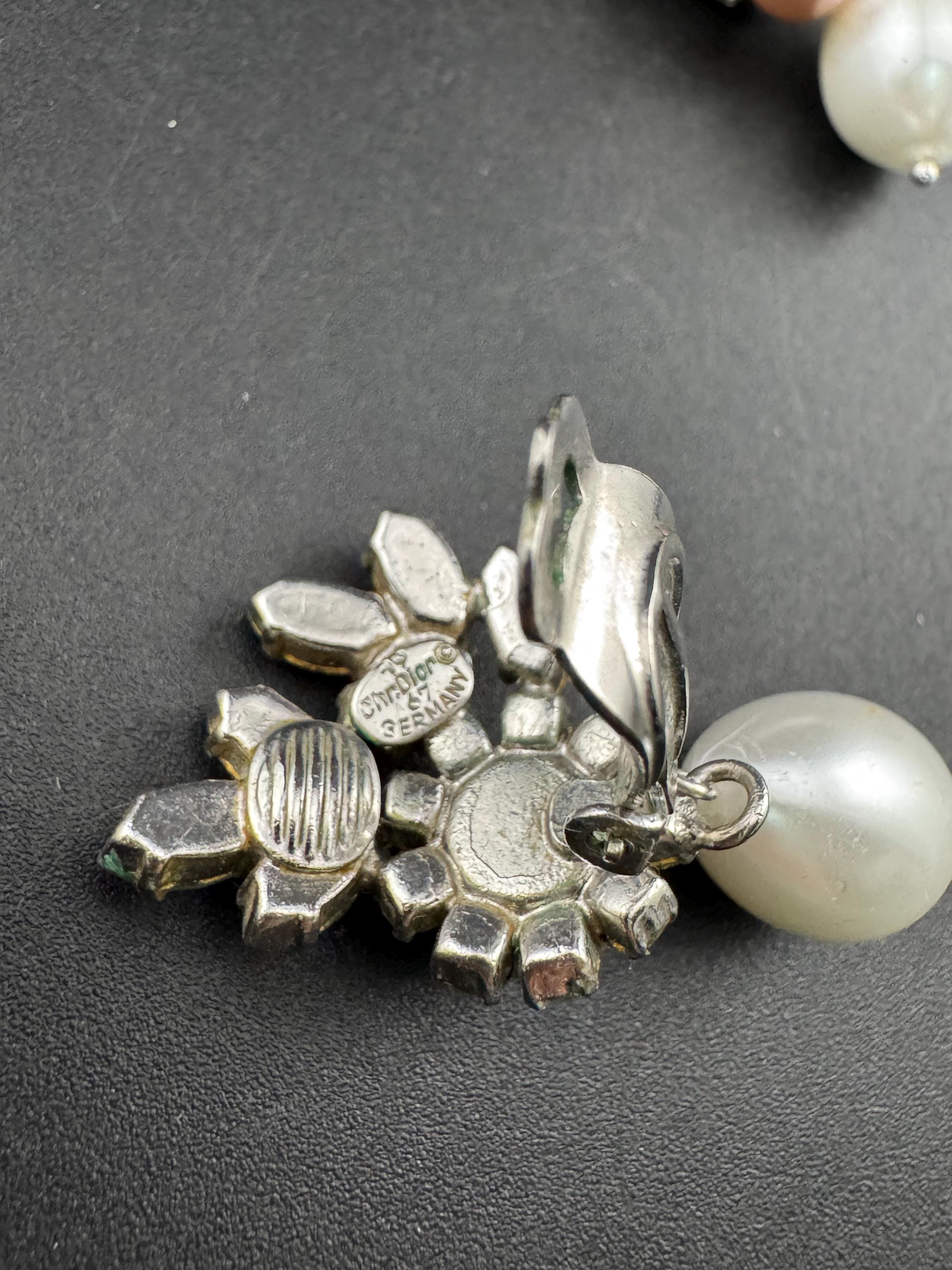 1967 Christian Dior Vintage Pearl Rhinestone Clip On Earrings