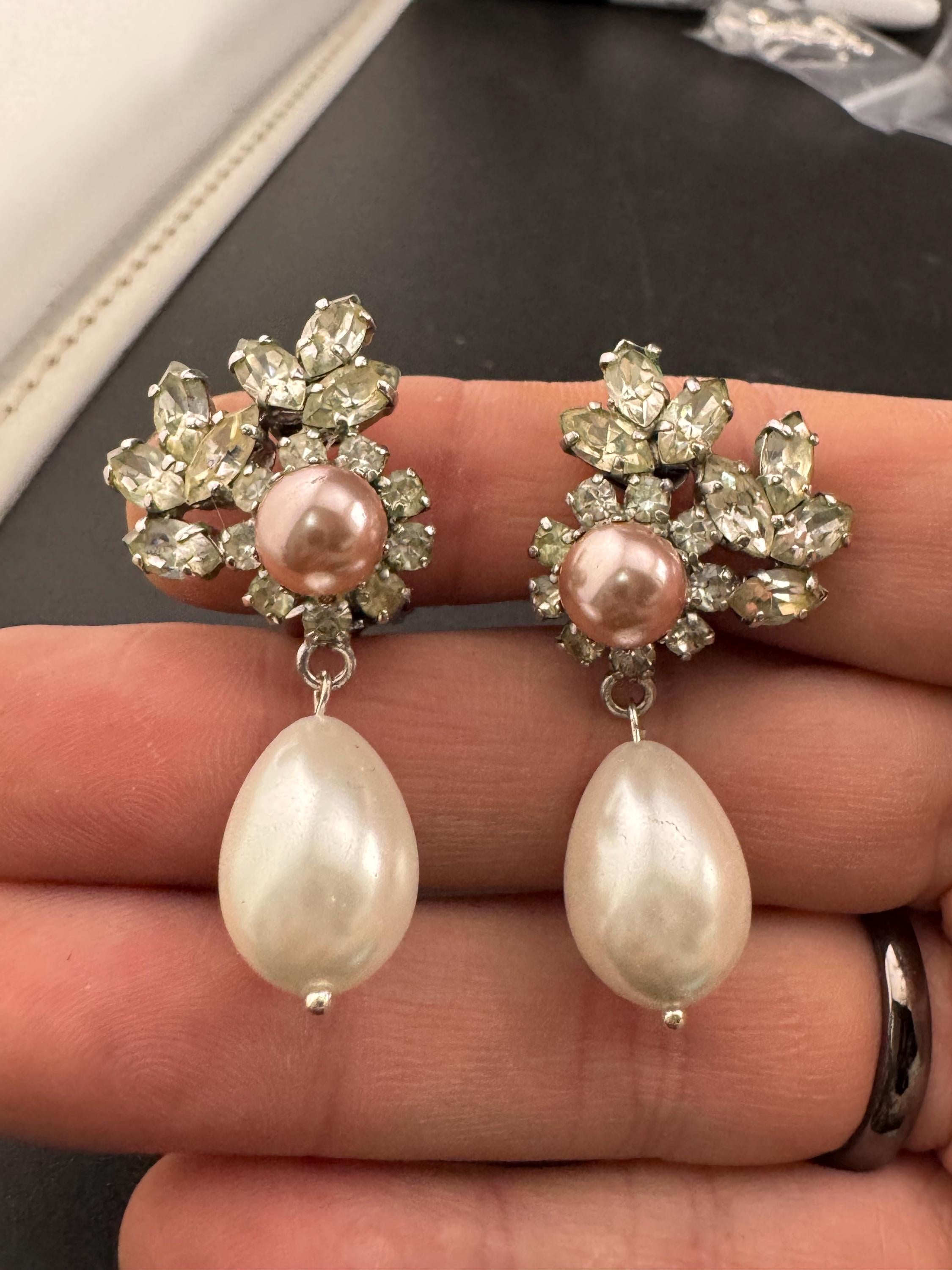 1967 Christian Dior Vintage Pearl Rhinestone Clip On Earrings