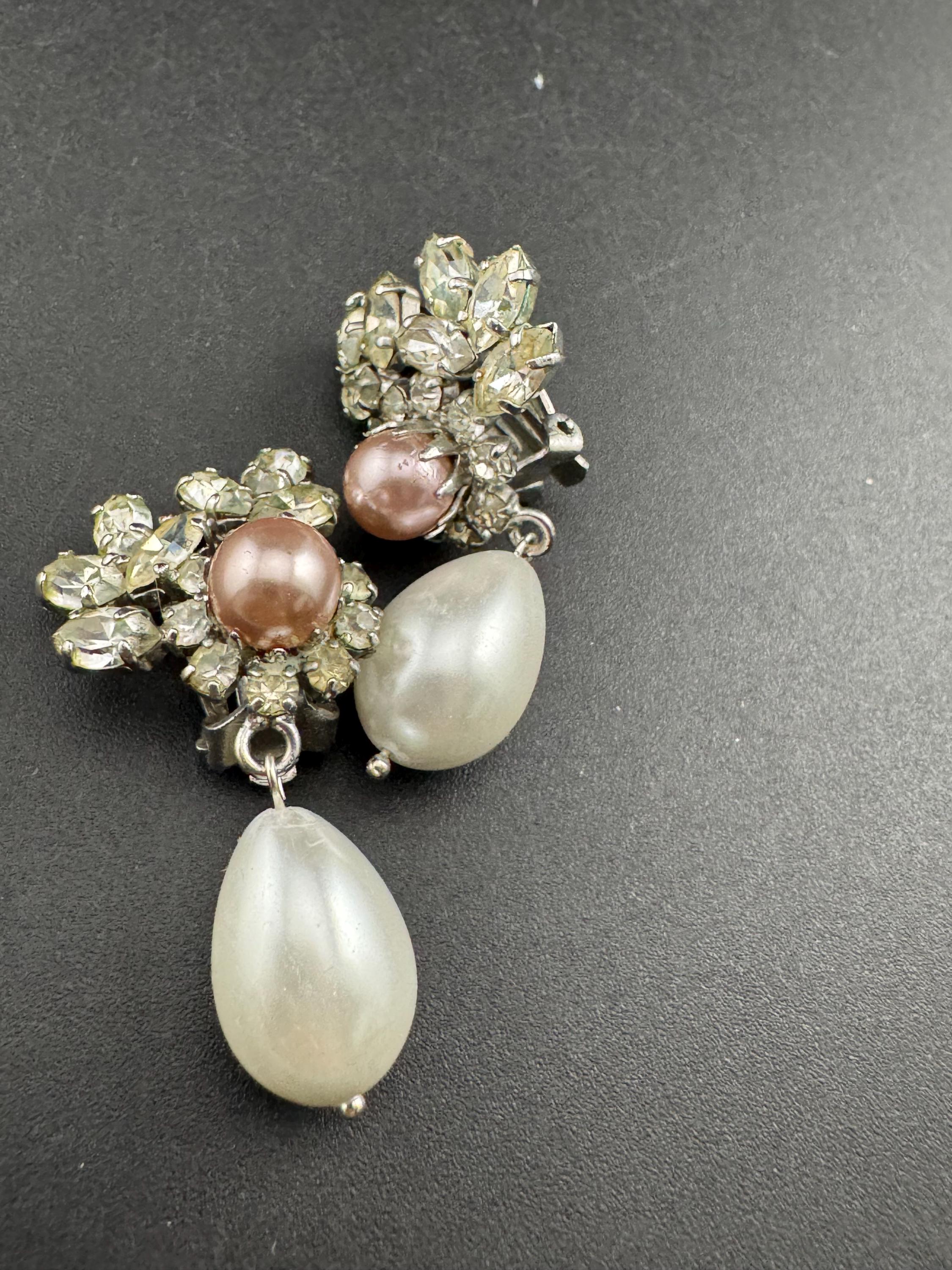 1967 Christian Dior Vintage Pearl Rhinestone Clip On Earrings