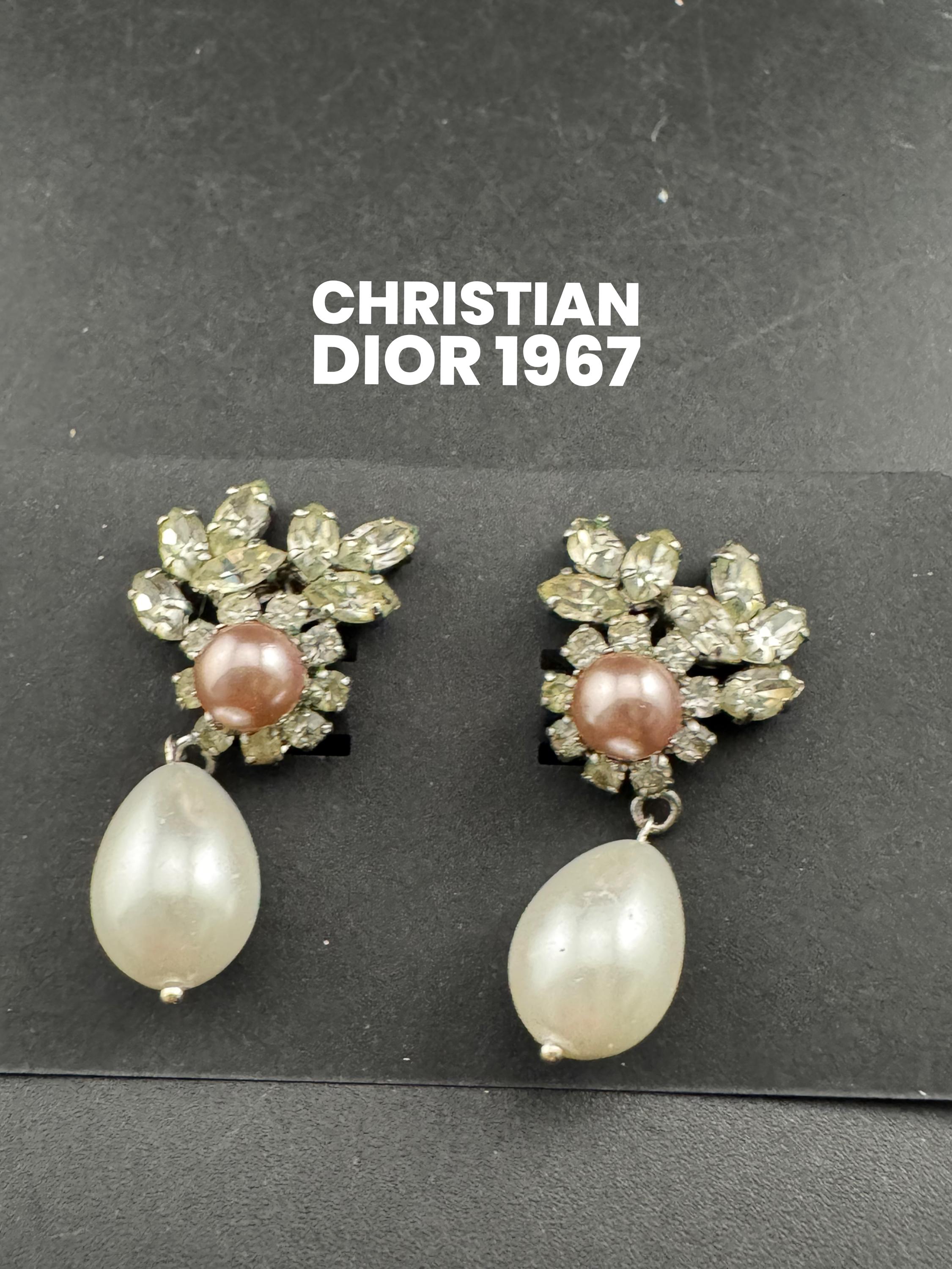 1967 Christian Dior Vintage Pearl Rhinestone Clip On Earrings