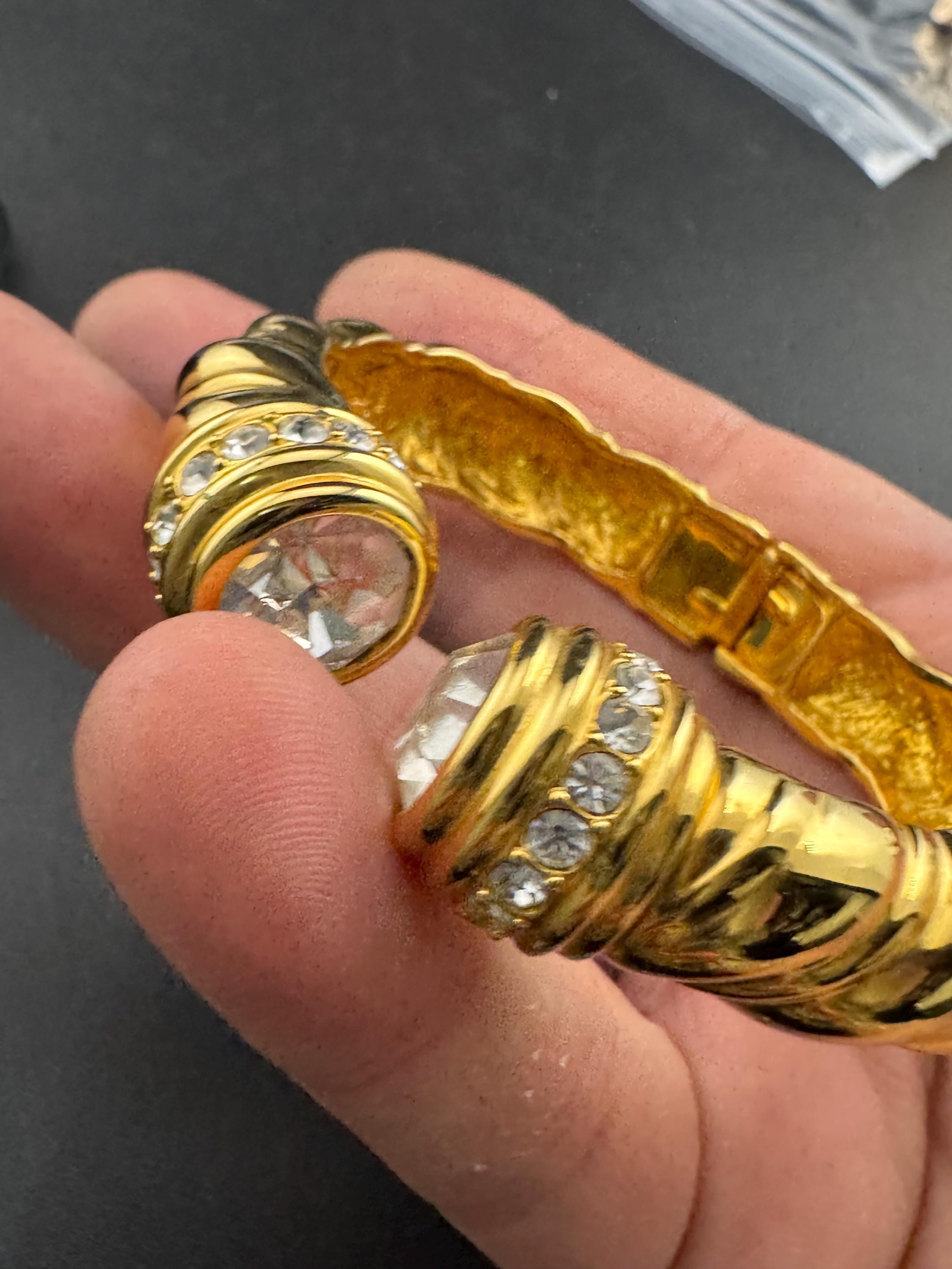 Joan rivers crystal torque clamper bangle, Etruscan style gold tone