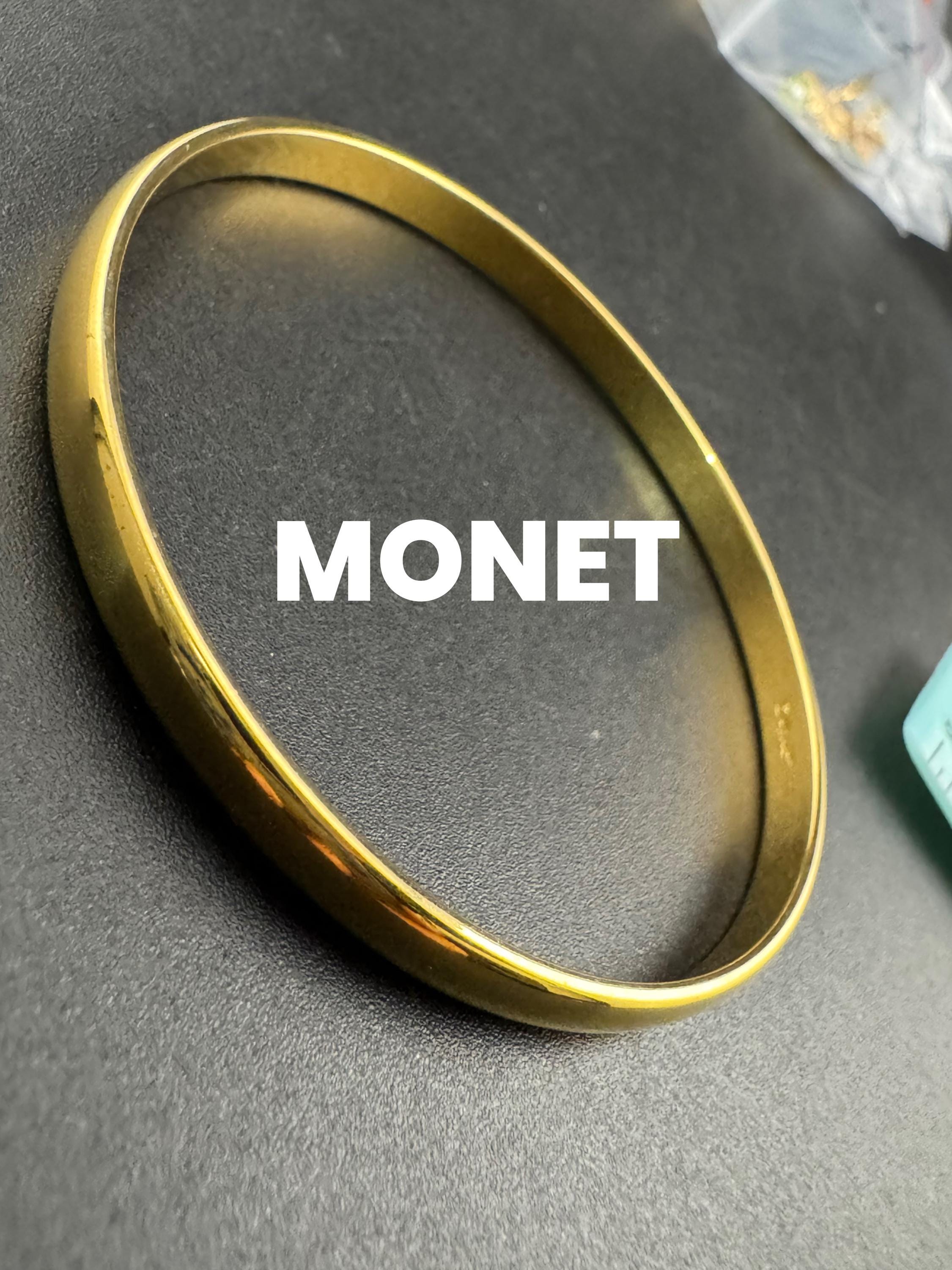 Vintage MONET gold bangle, signed slim bracelet 8mm fixed