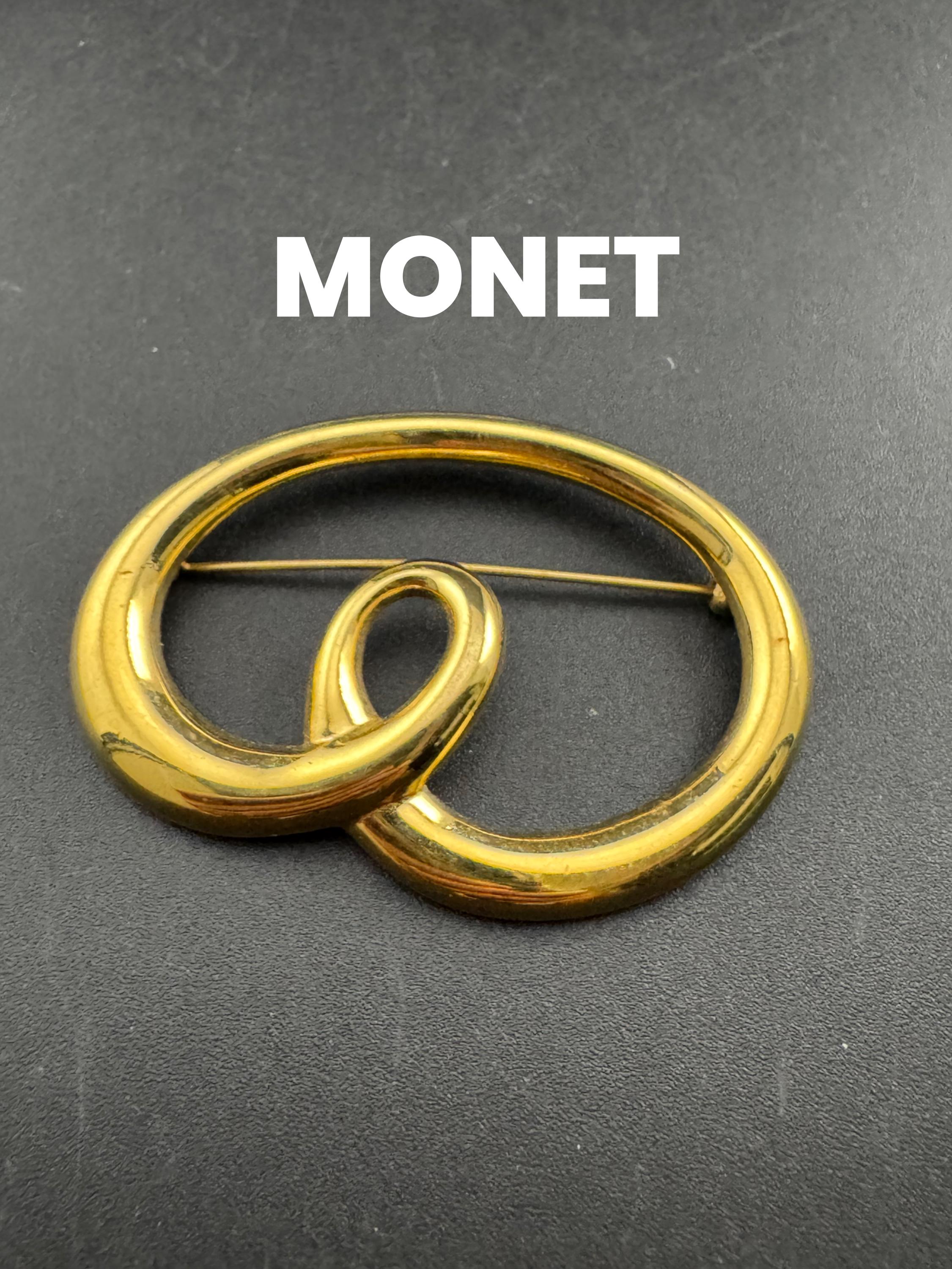 Signed MONET gold brooch, abstract swirl brooch modernist 5.5cm