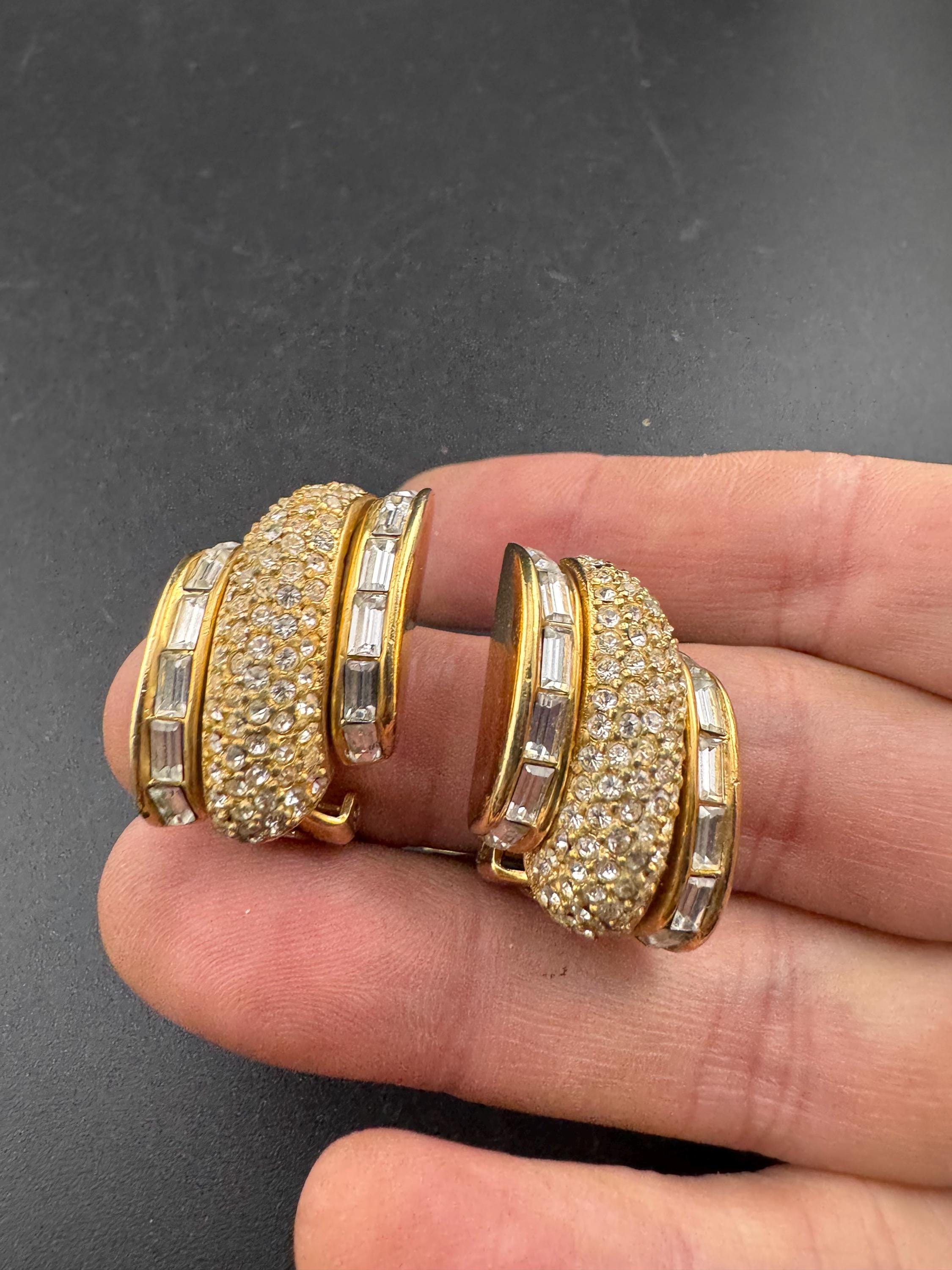 Signed GROSSE clear baguette crystal Diamante clip on earrings, high end 3cm designer studs