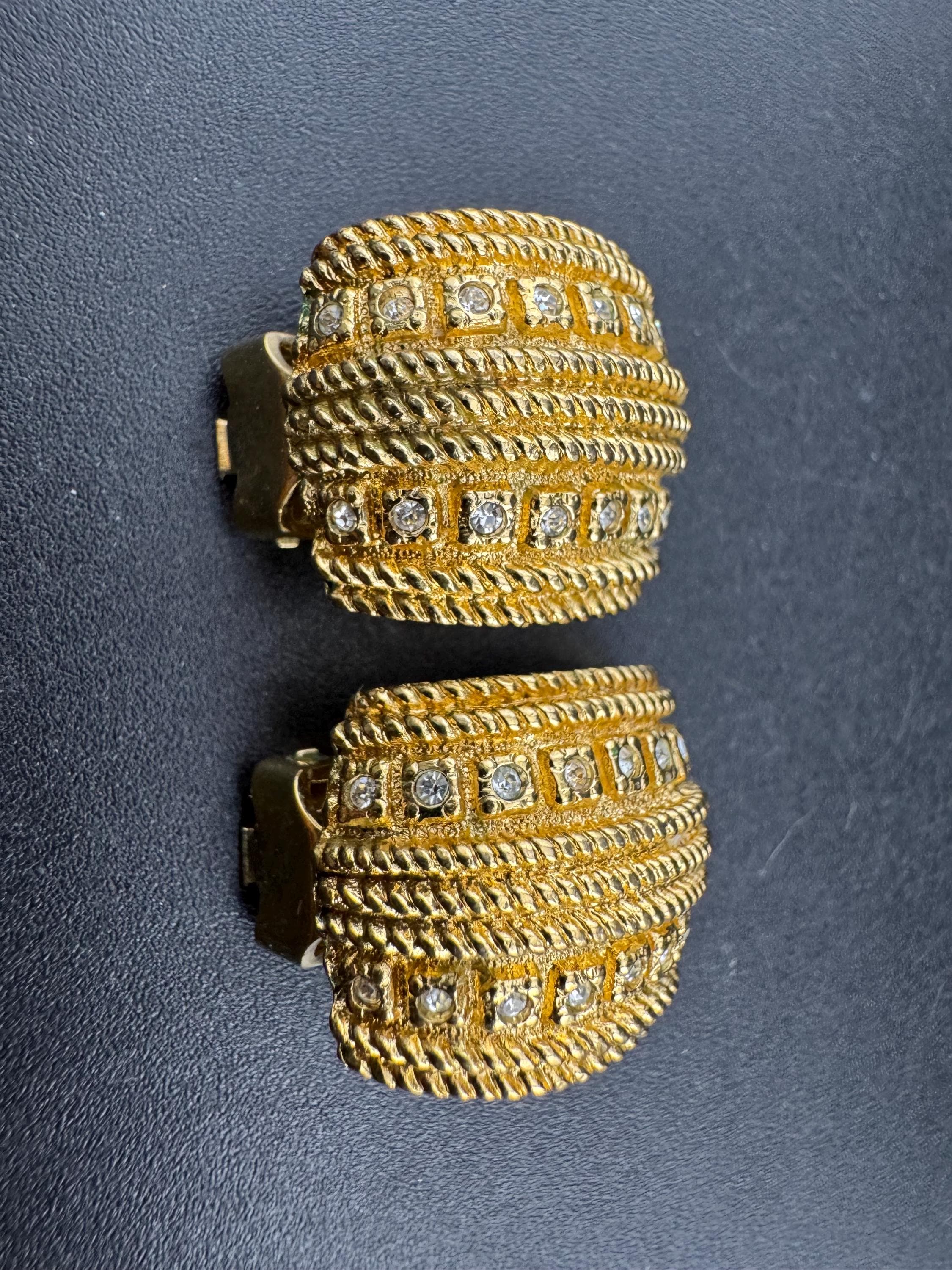 Signed GROSSE clear crystal Diamante clip on earrings, gold tone designer studs