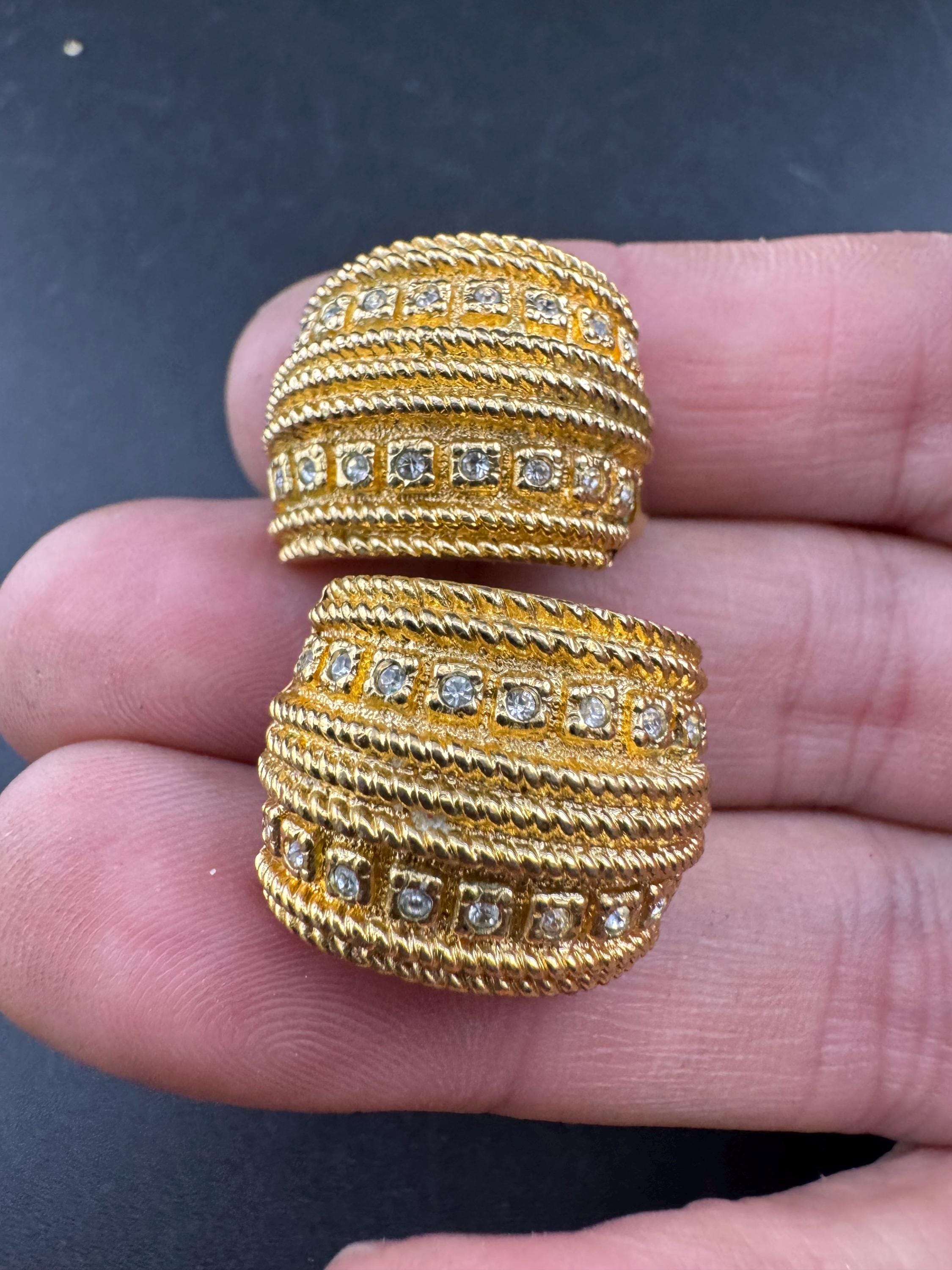 Signed GROSSE clear crystal Diamante clip on earrings, gold tone designer studs