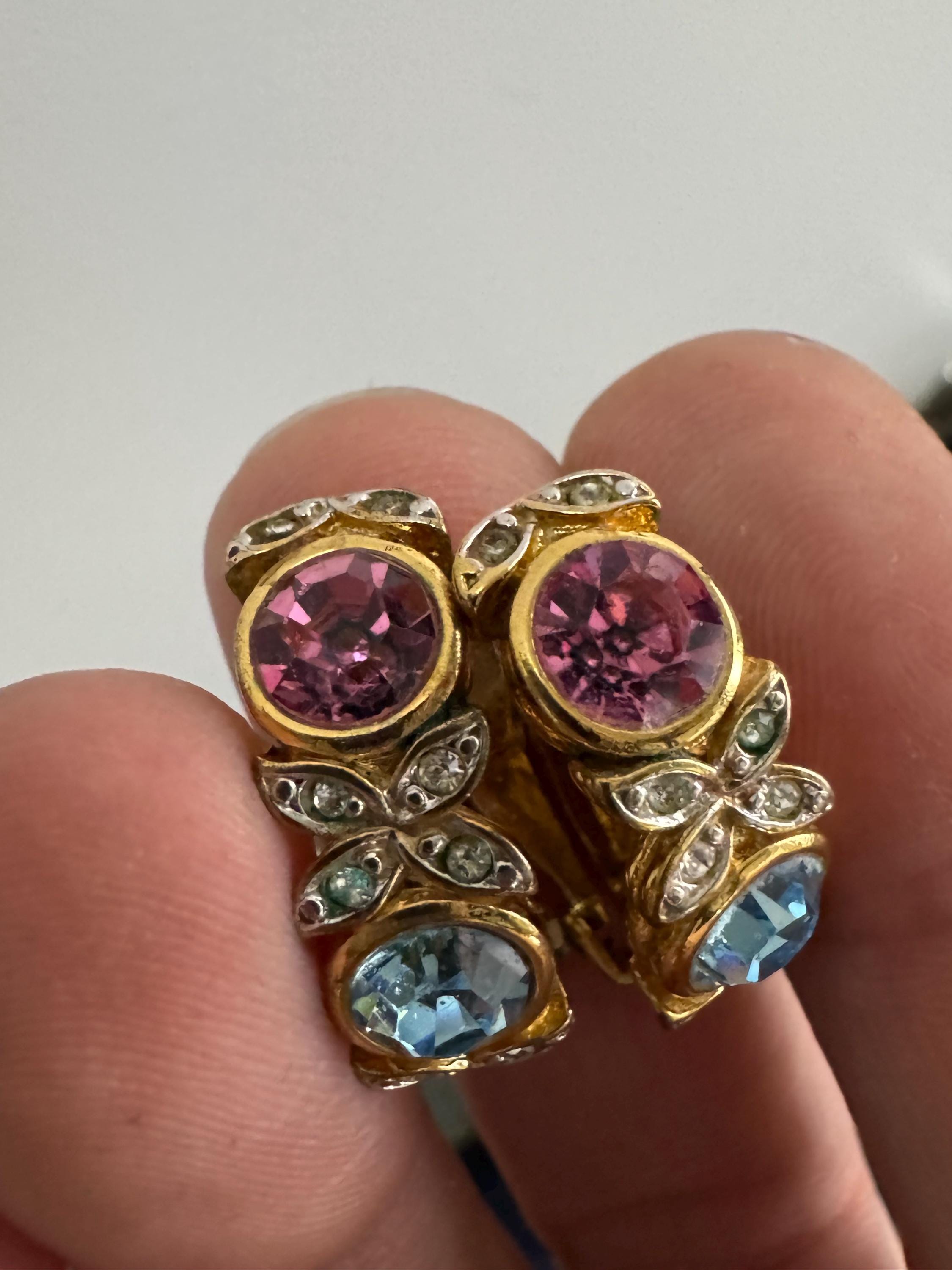 Signed d’orlan gold and pastel crystal clip on earrings, pink blue diamanté