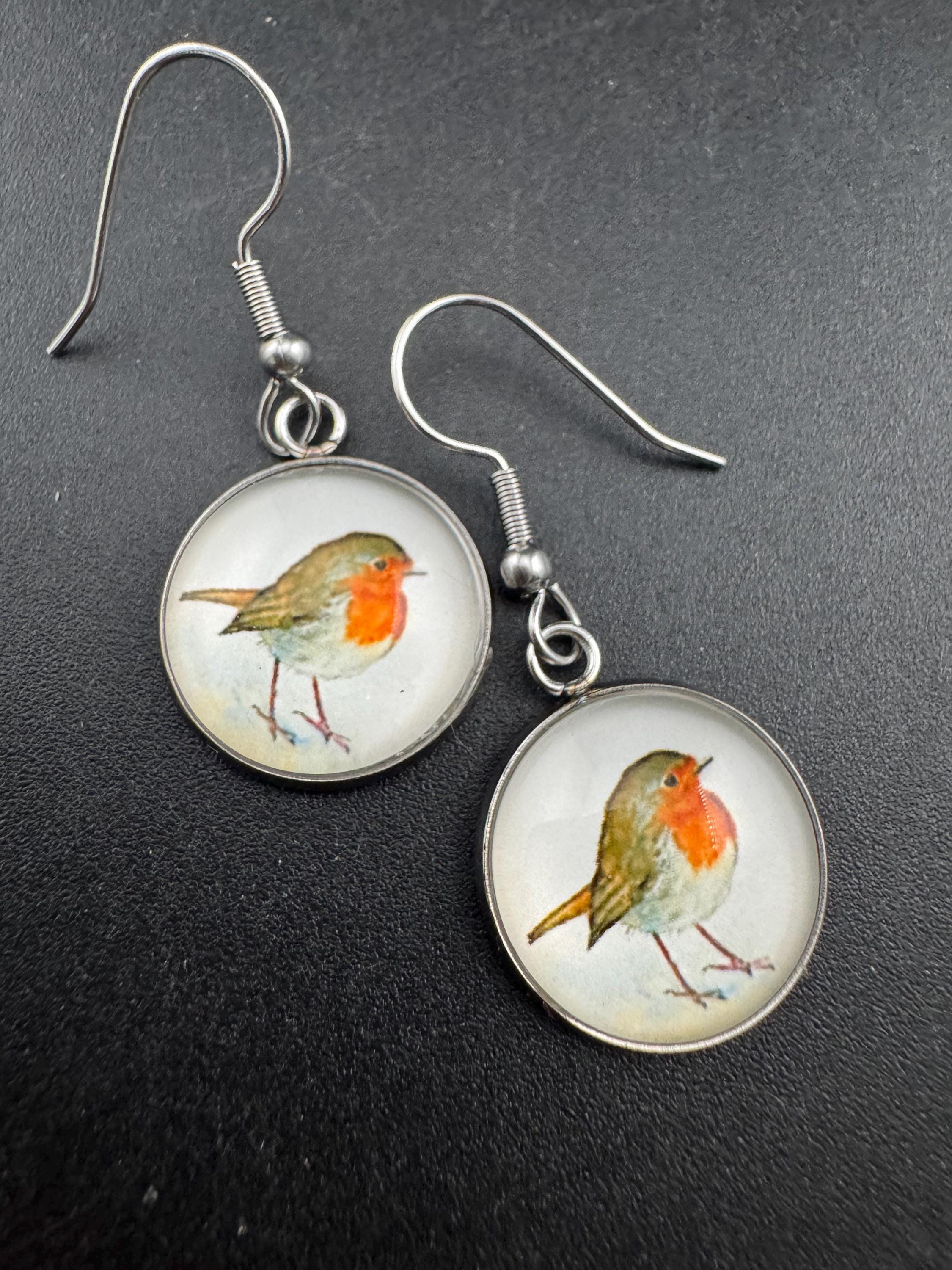 16mm glass Robin dangly earrings, stainless steel silver tone