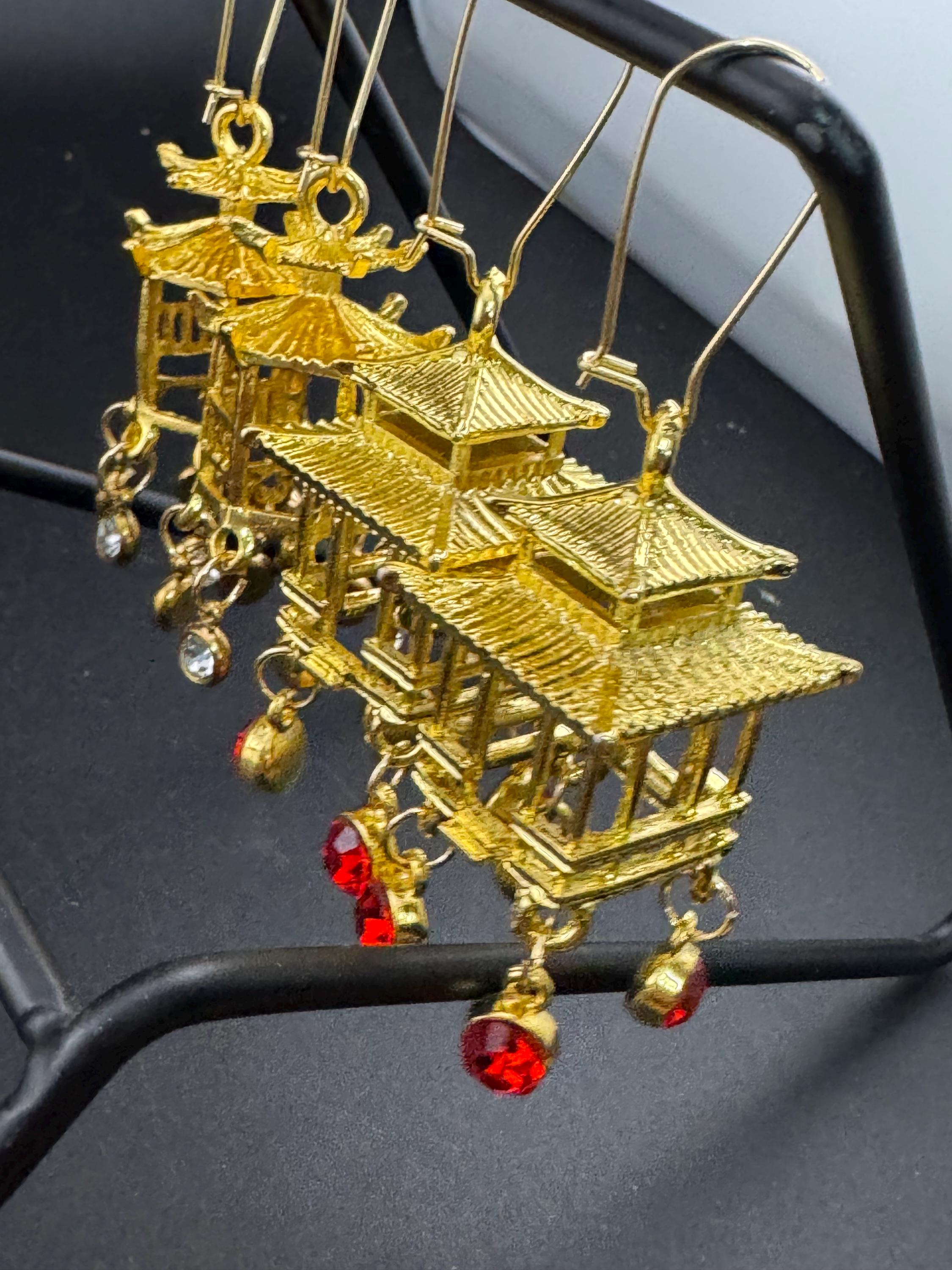 Chinese golden pagoda lantern ruby drop earrings, red rhinestones, oversized