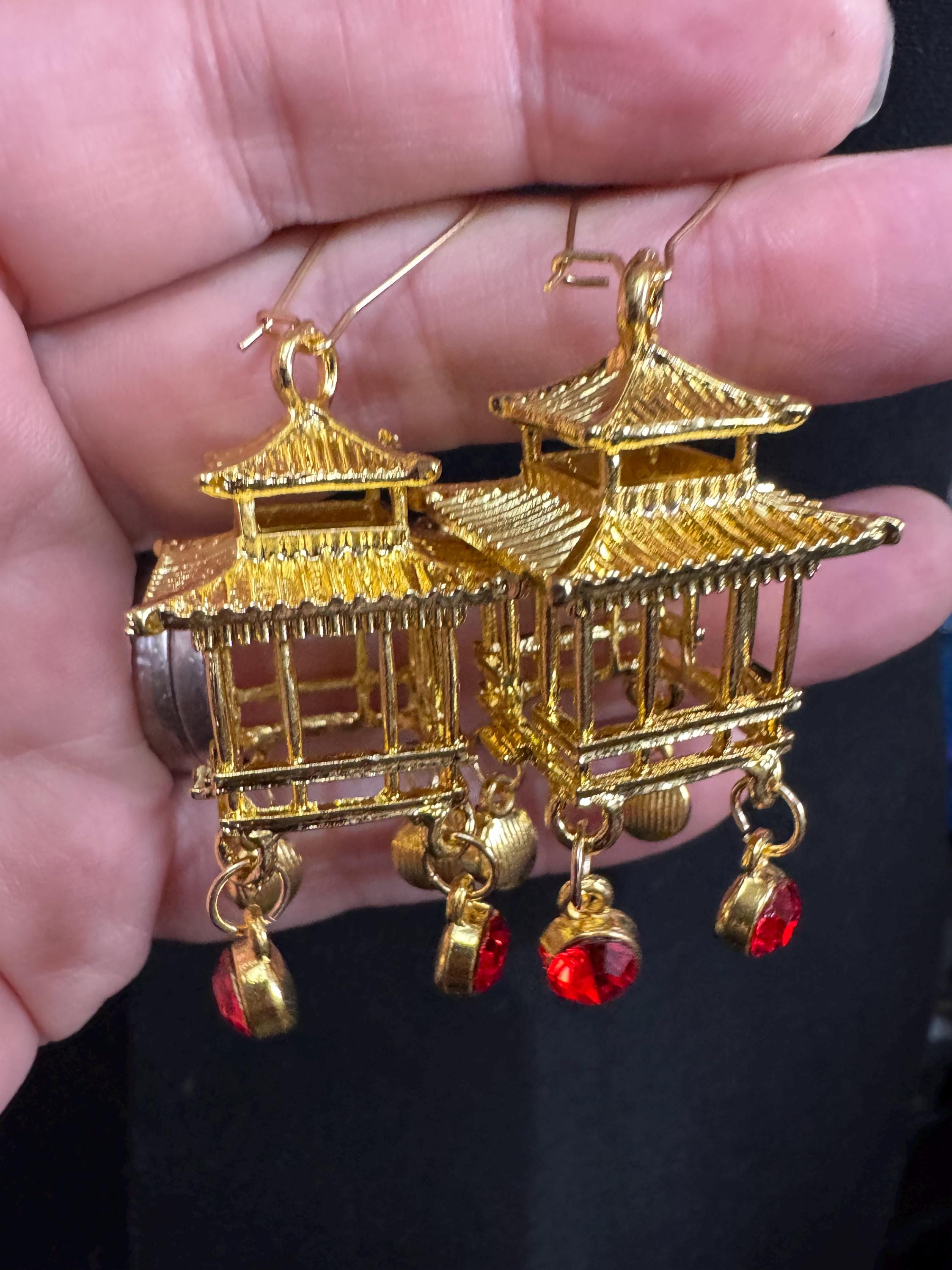 Chinese golden pagoda lantern ruby drop earrings, red rhinestones, oversized