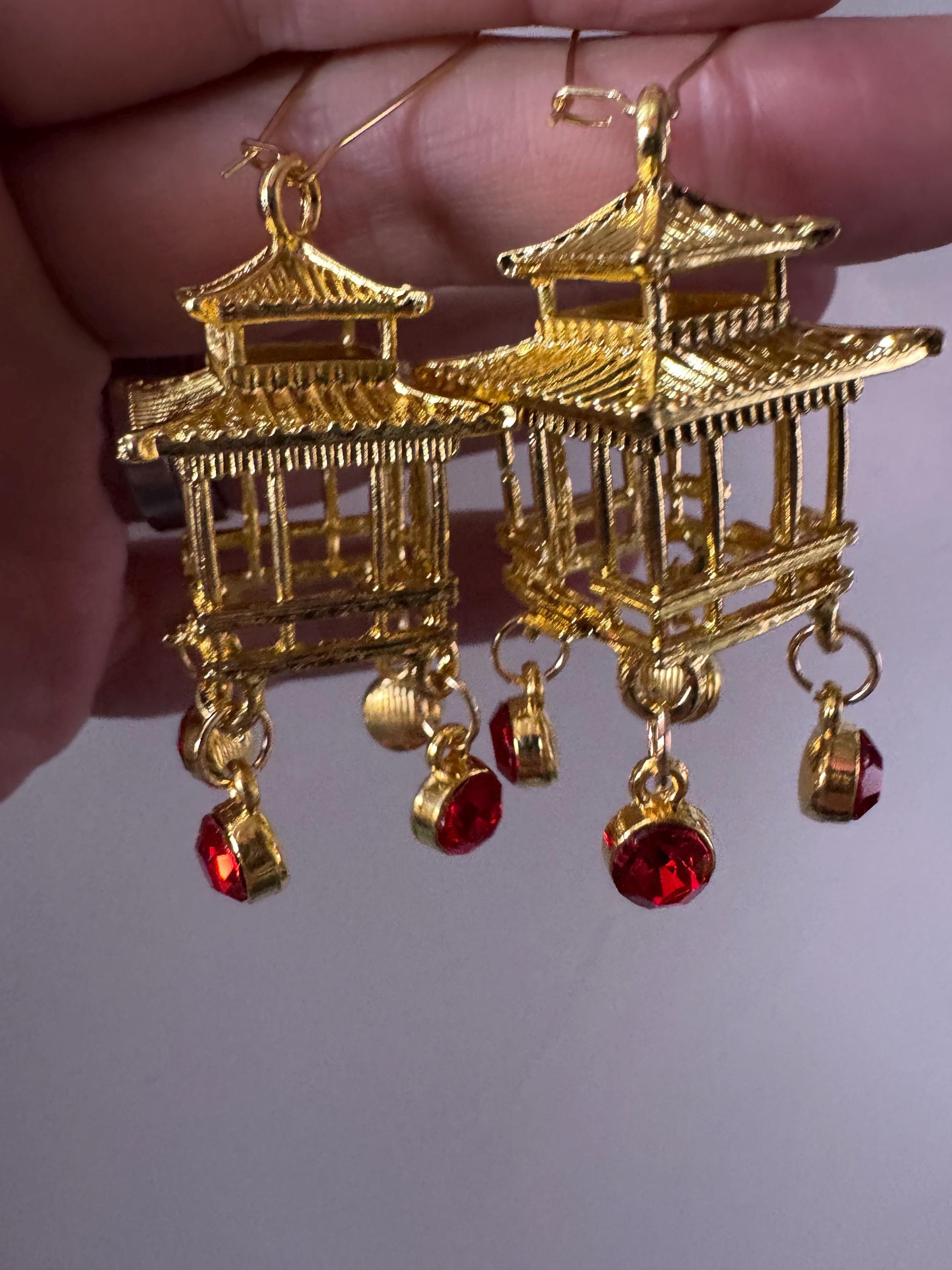 Chinese golden pagoda lantern ruby drop earrings, red rhinestones, oversized
