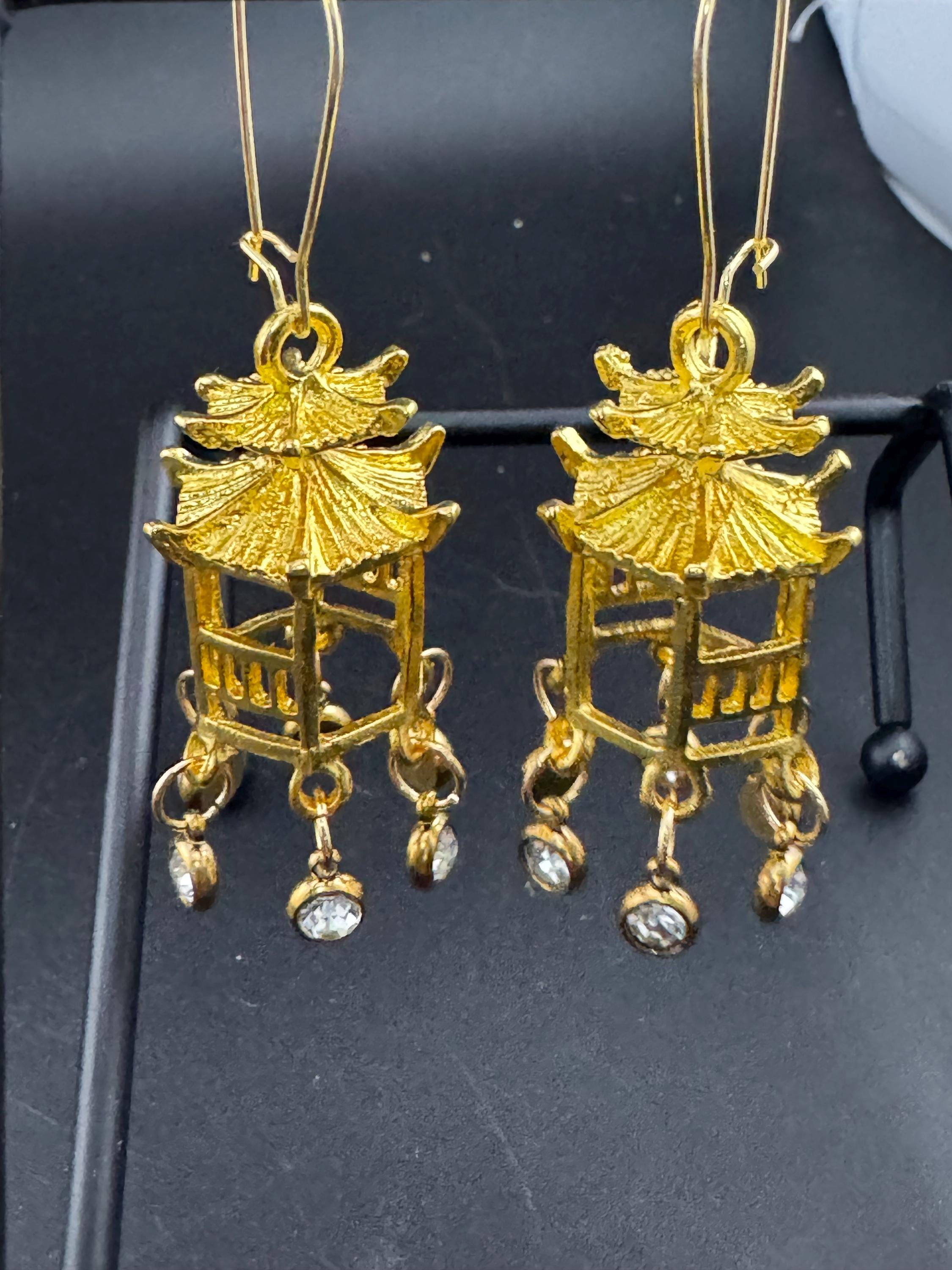 Japanese golden pagoda lantern crystal drop earrings, clear rhinestones