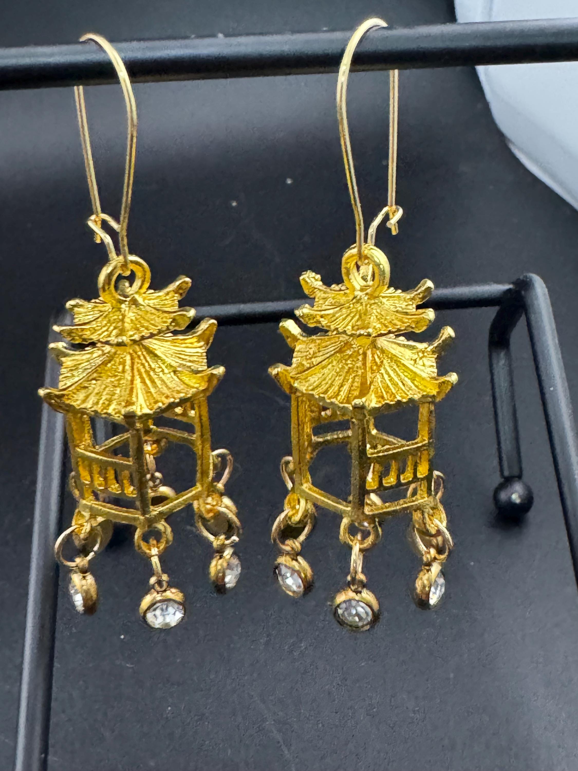 Japanese golden pagoda lantern crystal drop earrings, clear rhinestones