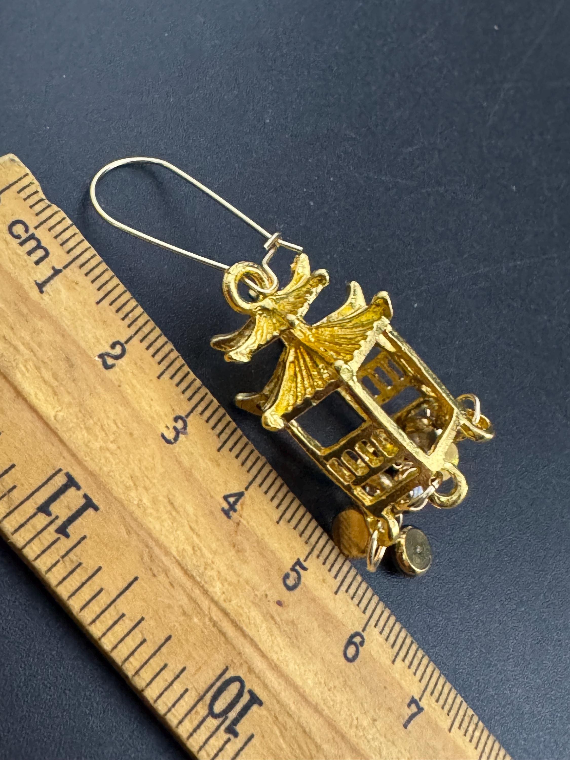 Japanese golden pagoda lantern crystal drop earrings, clear rhinestones