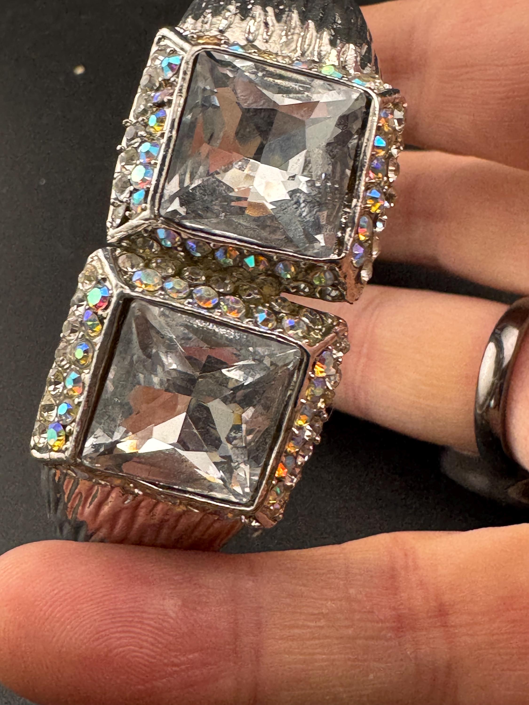 Retro clear diamanté crystal chunky hinged clamper bangle, silver tone