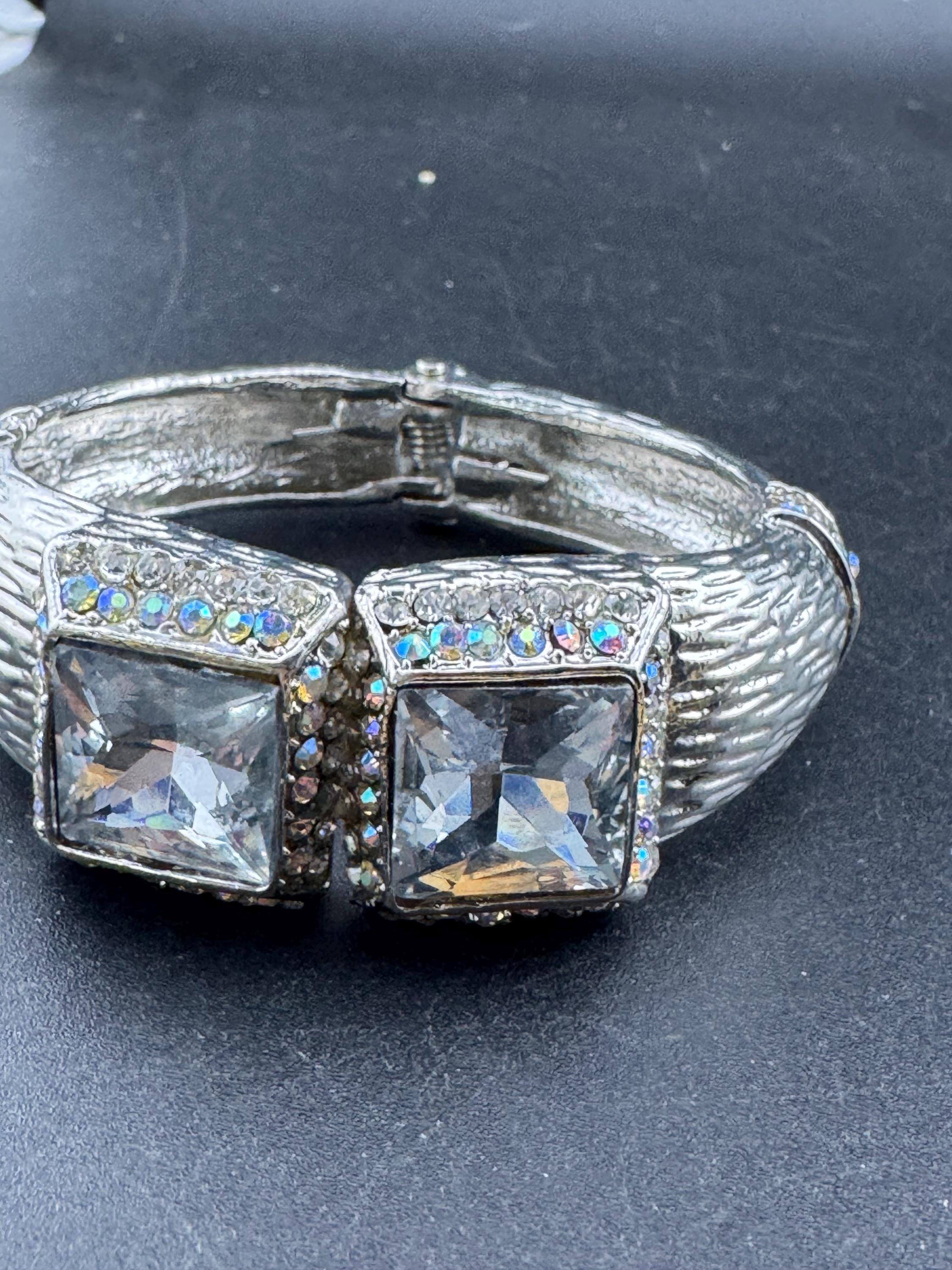 Retro clear diamanté crystal chunky hinged clamper bangle, silver tone