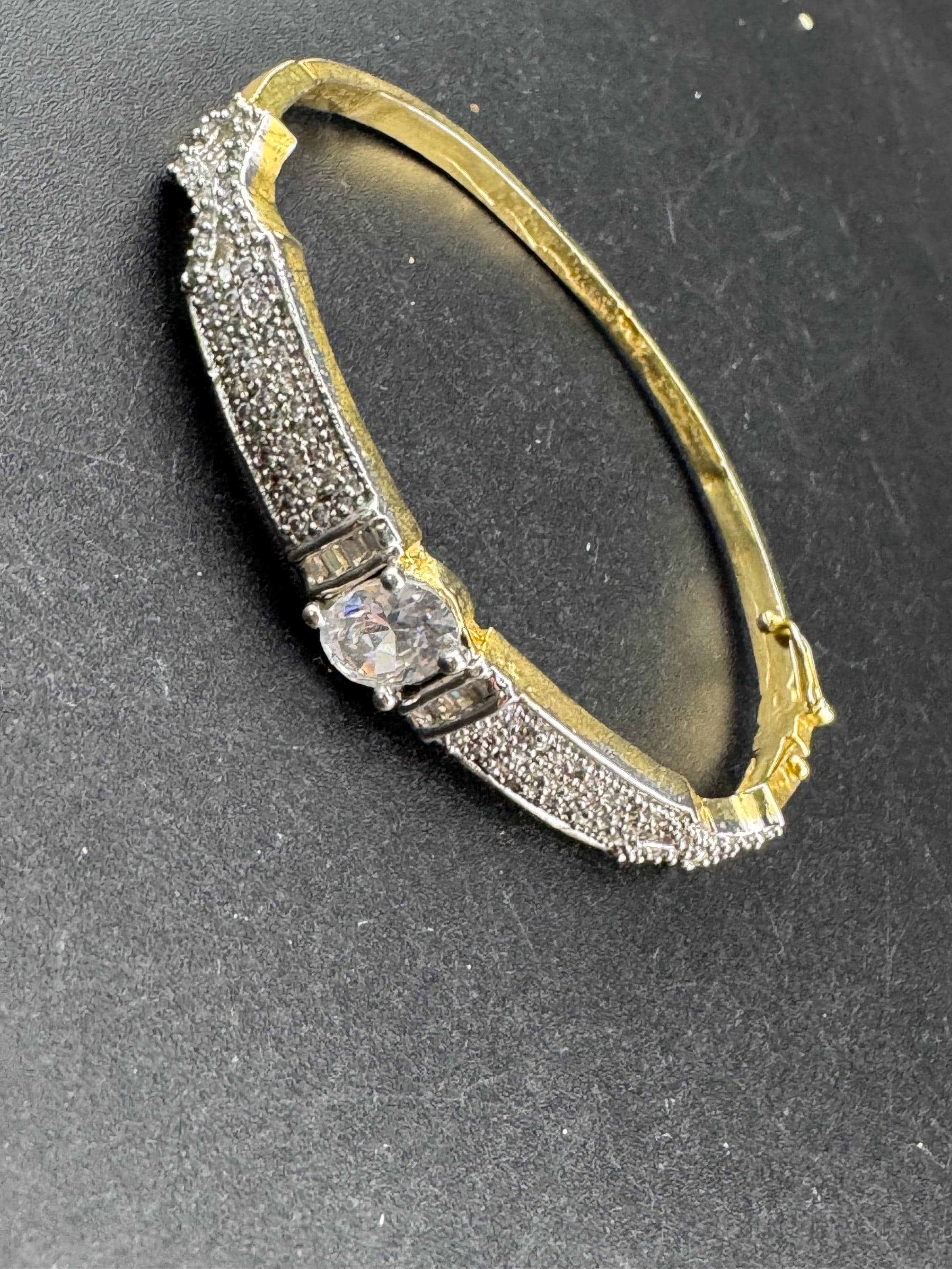 Vintage clear diamanté hinged pave set crystal bangle, gold plated