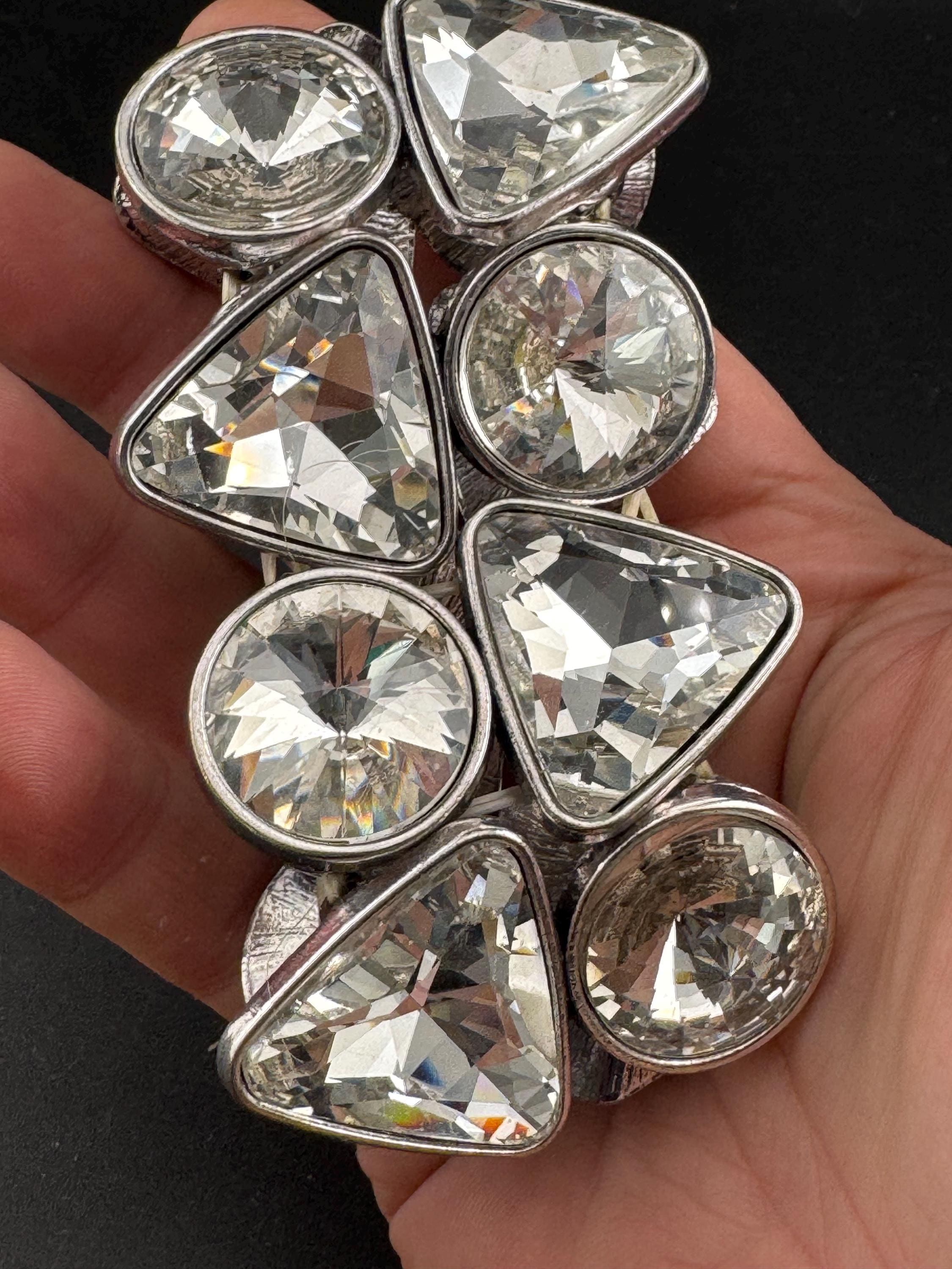 Retro wide silver tone Rivoli crystal stretch Bangle, diamanté Bracelet