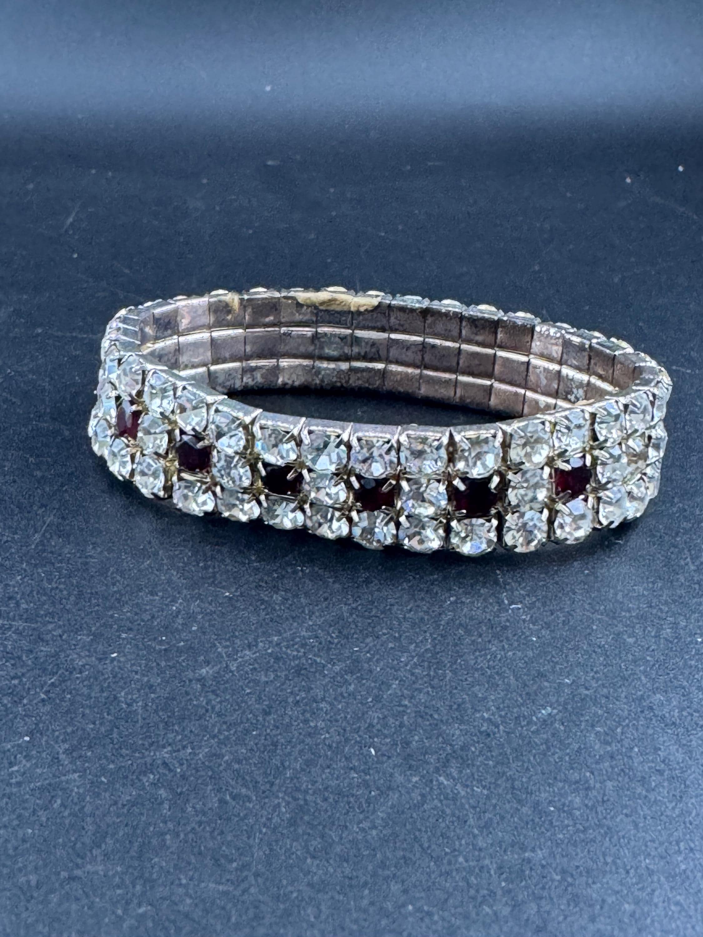 Vintage silver tone ruby garnet rhinestone set cocktail Bracelet, stretch elasticated