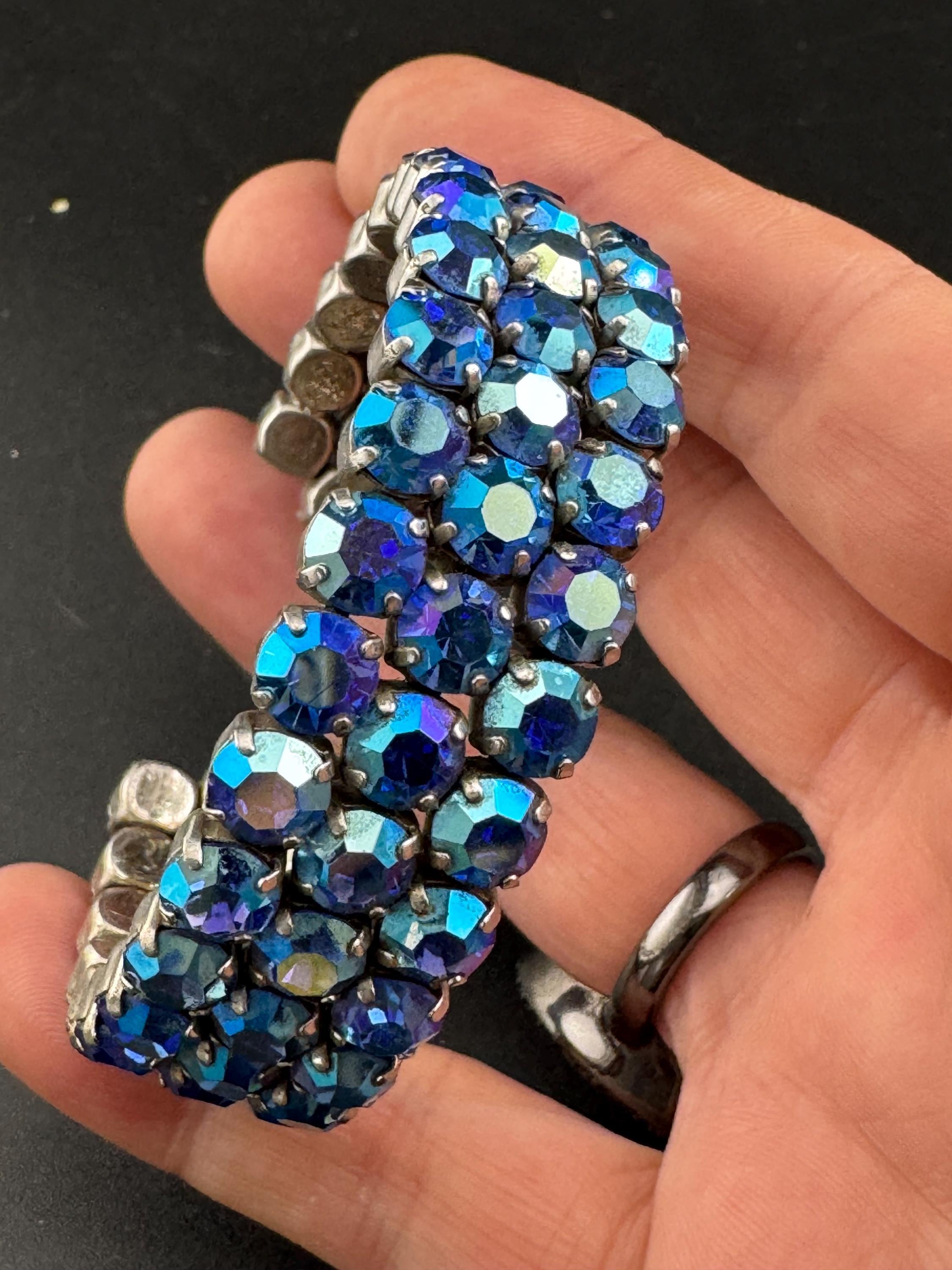Vintage blue AB Aurora borealis rhinestone open cuff bracelet, silver tone