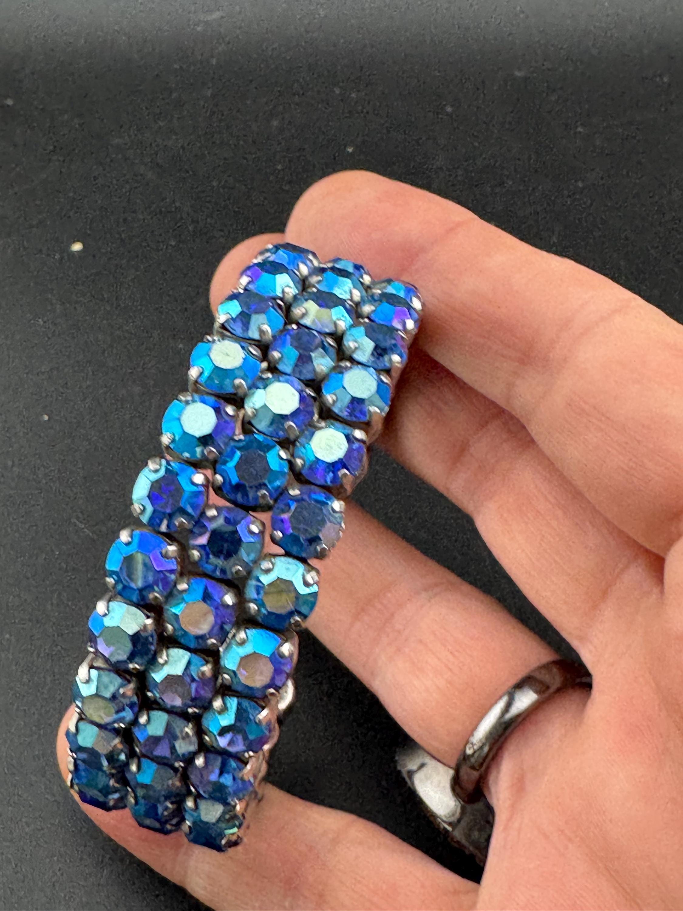 Vintage blue AB Aurora borealis rhinestone open cuff bracelet, silver tone