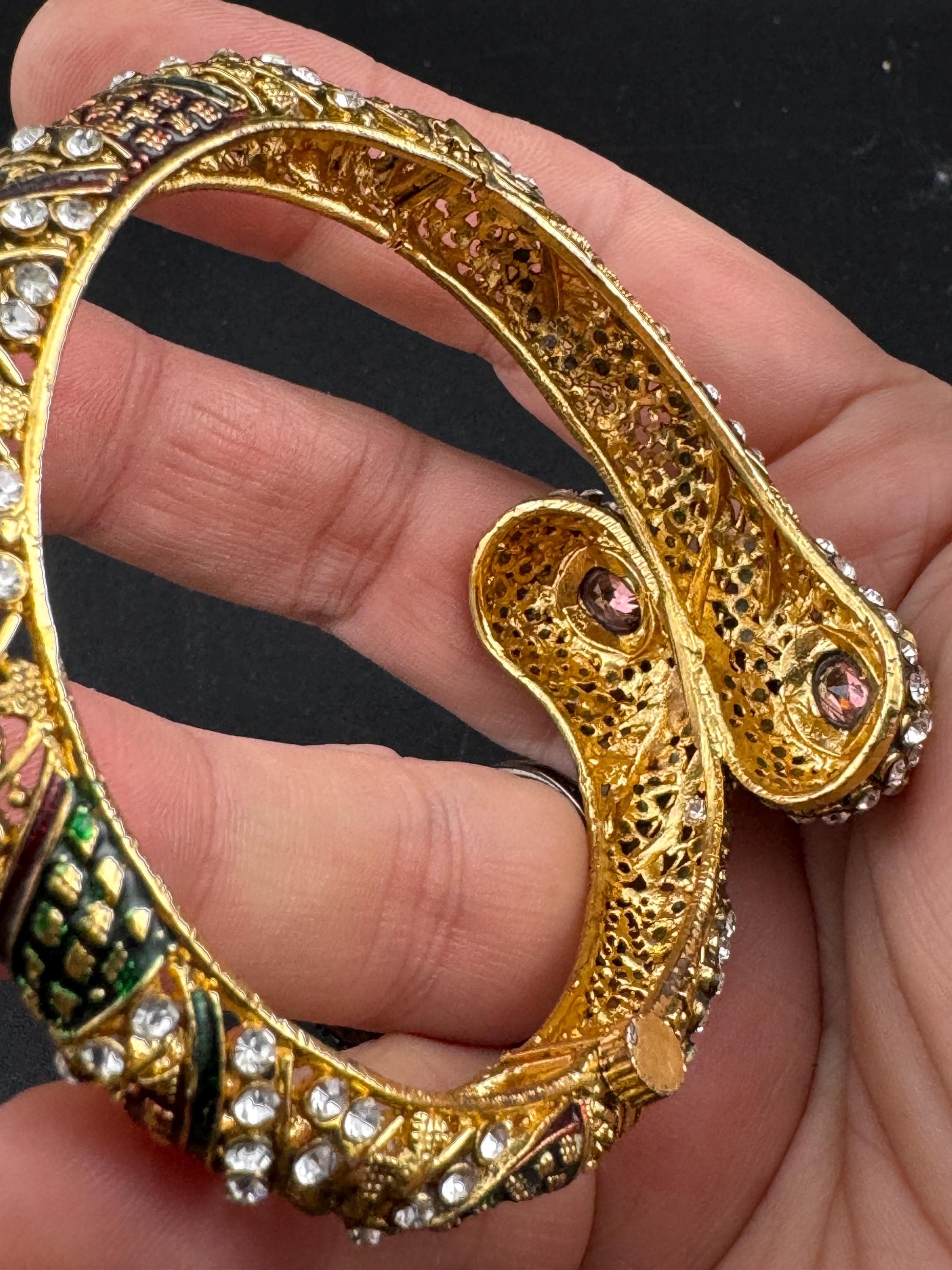 Amethyst glass rhinestone snake bangle , gold tone clamper bracelet retro