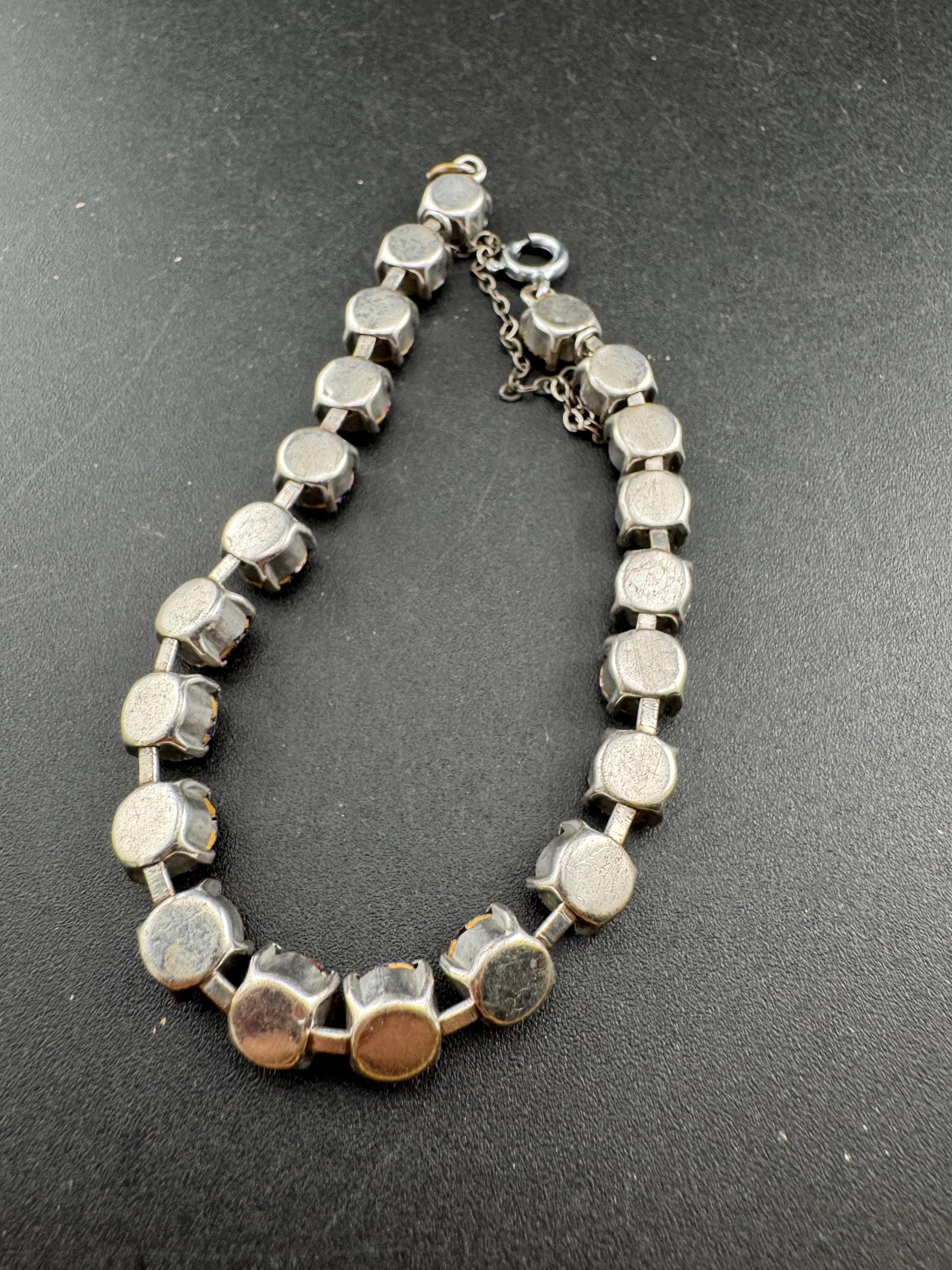 Vintage iris glass slim diamanté cocktail bracelet, safety chain